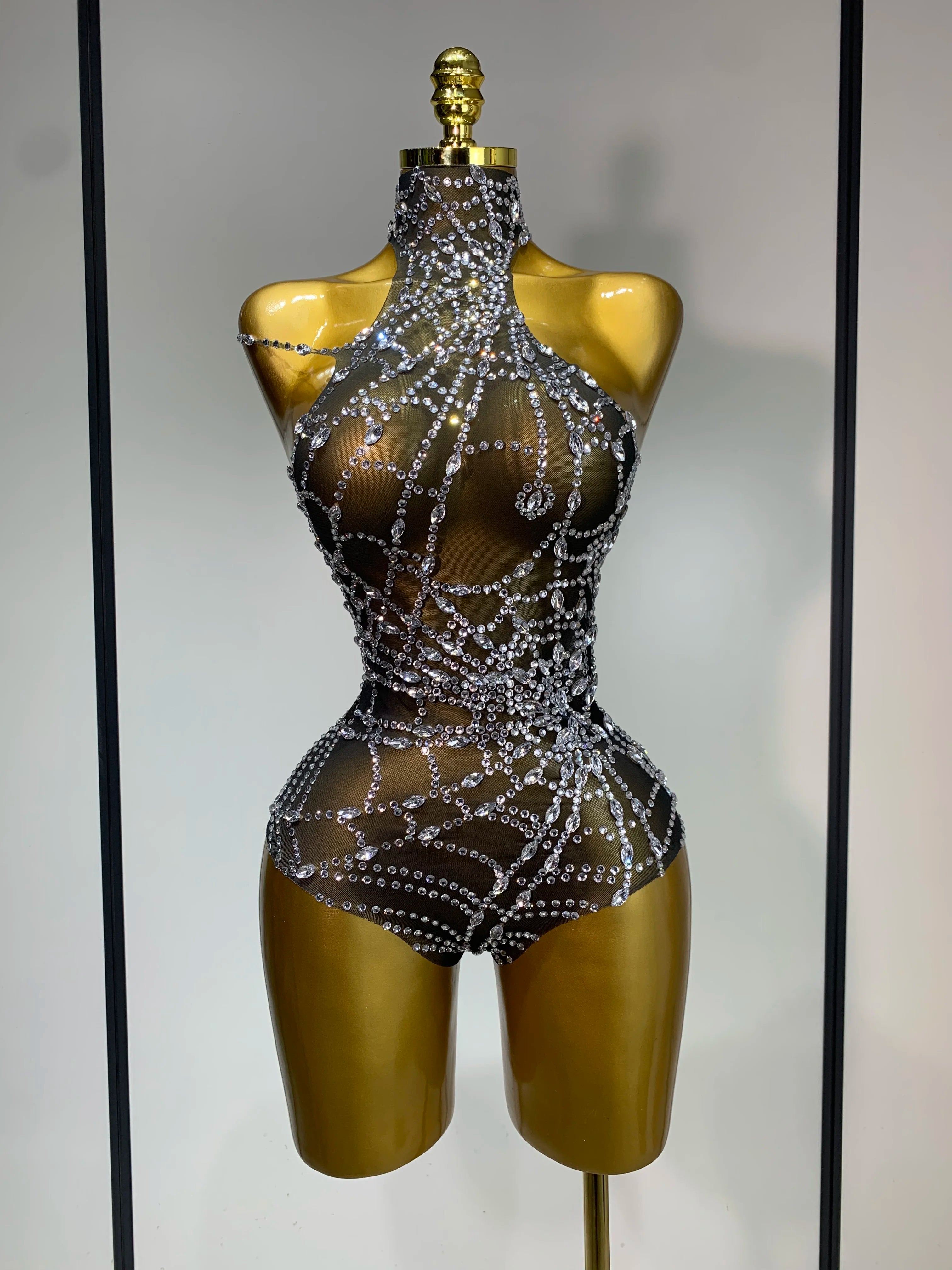 Spider Web Sparkly Diamond Mesh Bodysuit