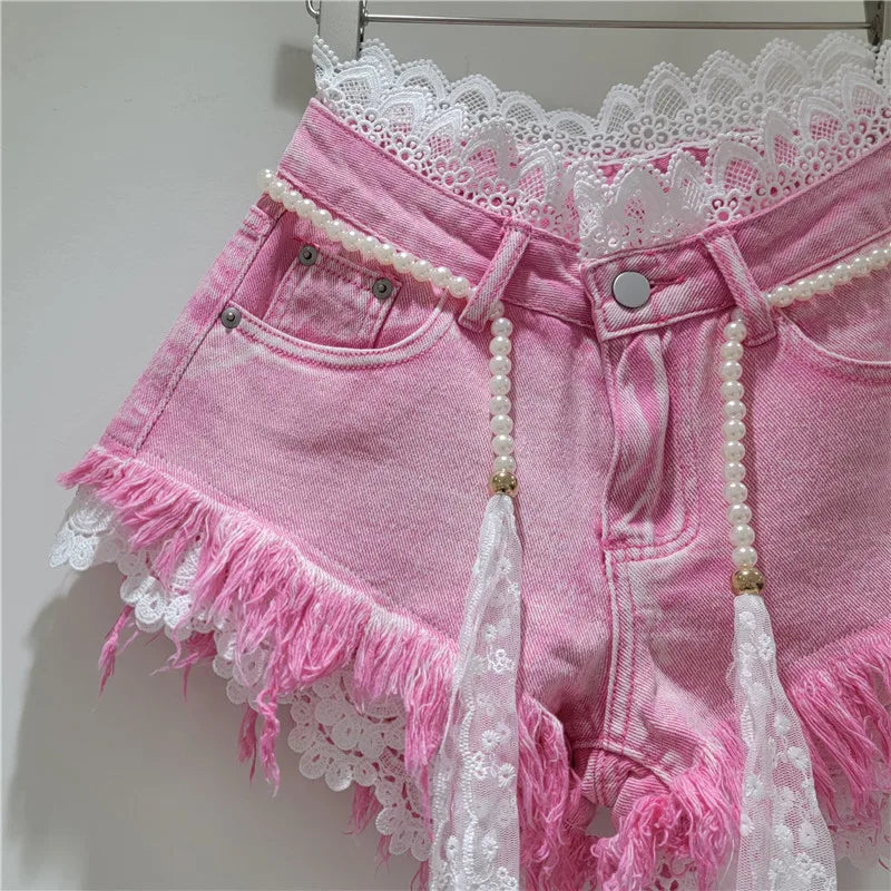 Lace Trim Denim Shorts + Pearl Belt