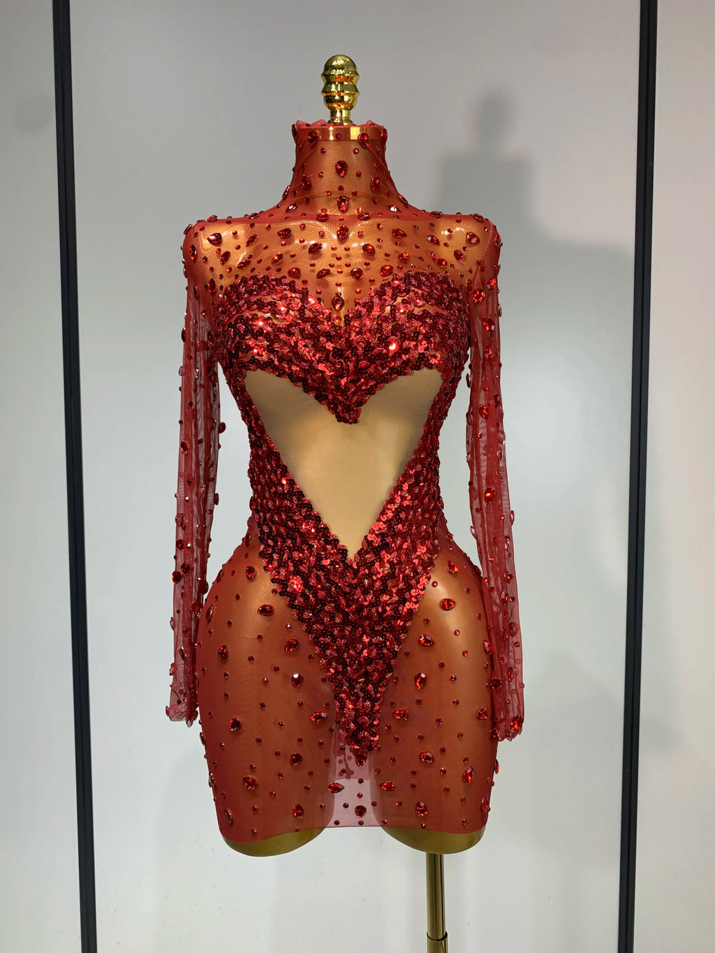 Red Rhinestone Sequin Mesh Mini Dress