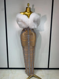 White Fluffy Luxurious Rhinestone Bodycon Dress