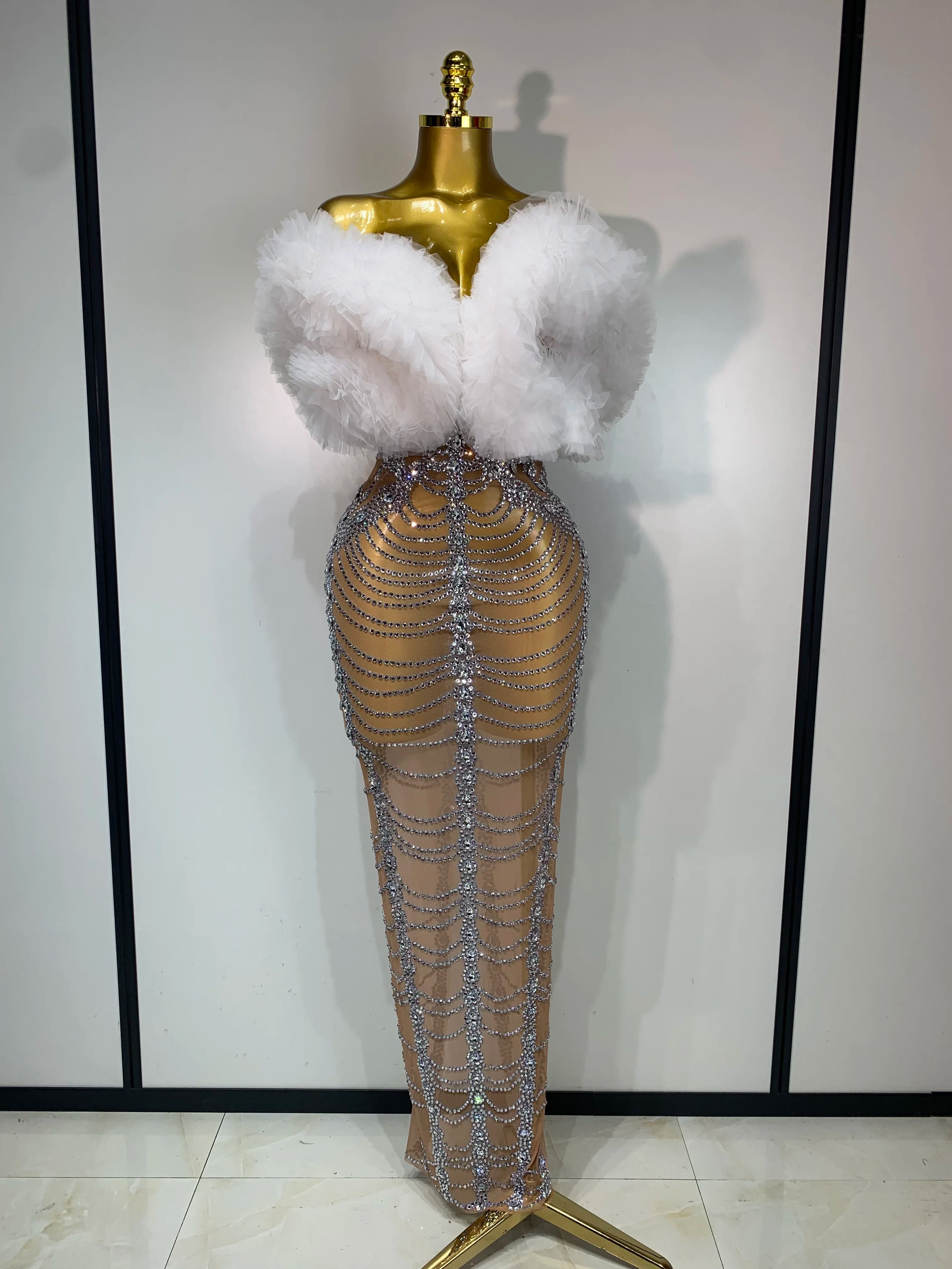 White Fluffy Luxurious Rhinestone Bodycon Dress