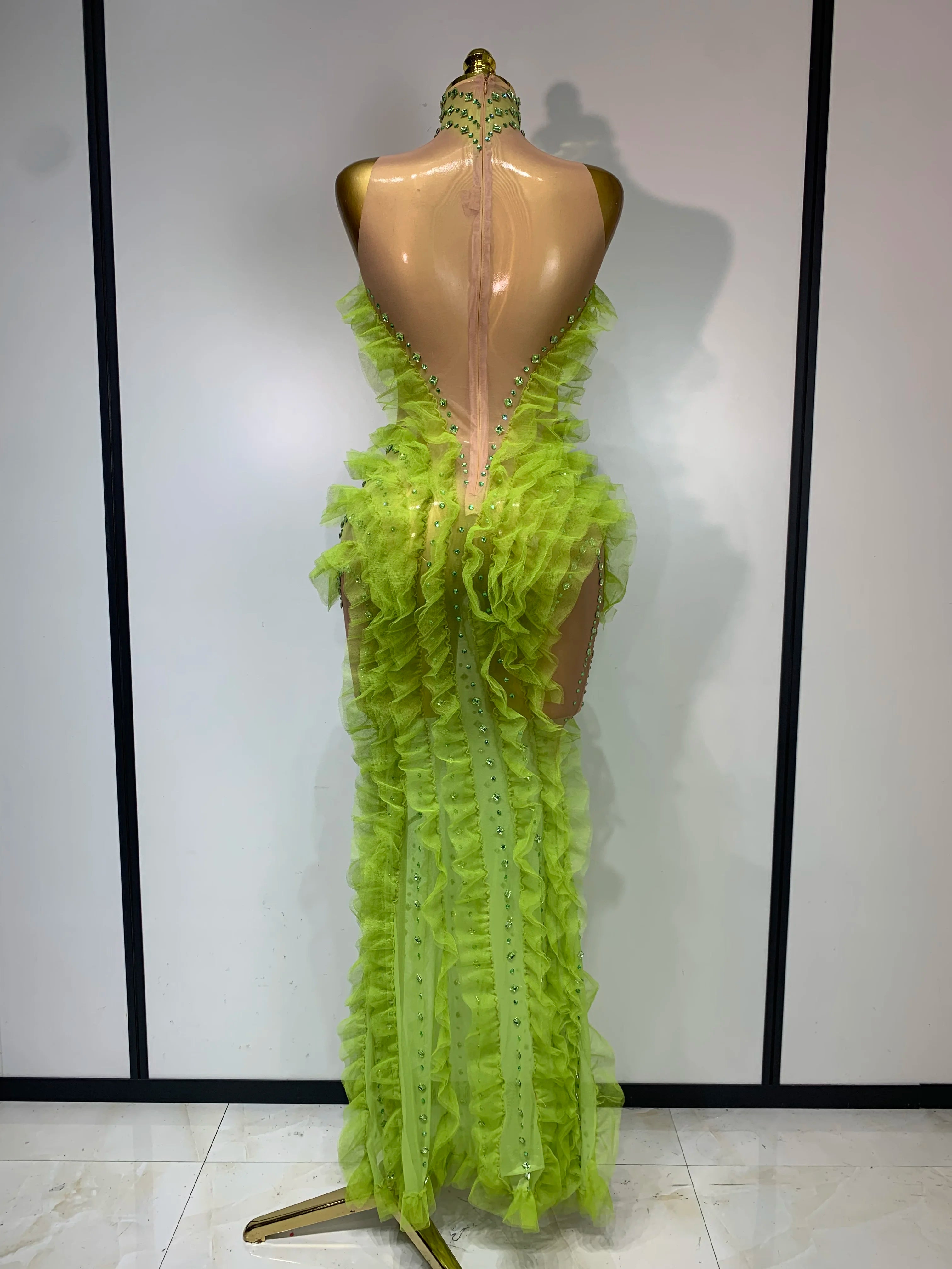 Sparkly Green Rhinestones Mesh Dress