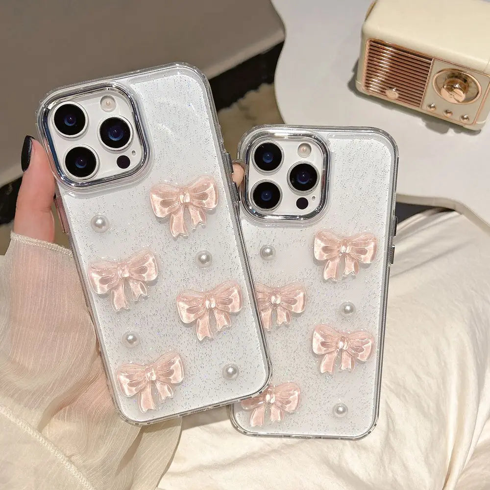 Cute 3D Pink Bow Pearl Clear Phone Case