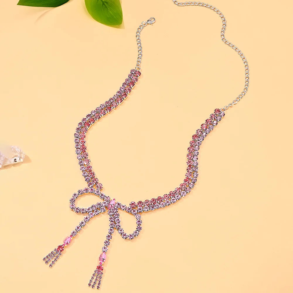 Pink Bow Rhinestone Choker Necklace