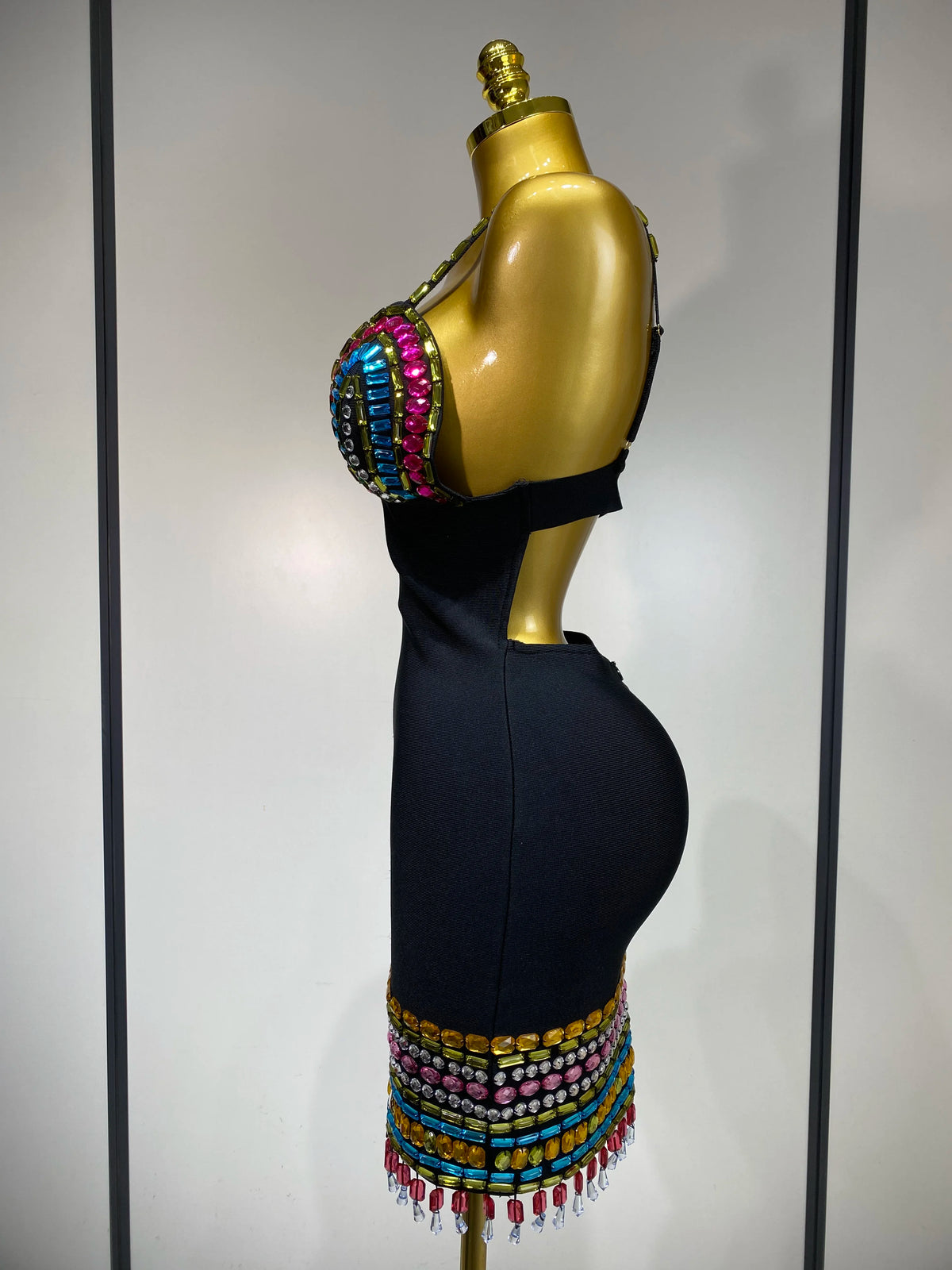 Colorful Diamonds V Neck Black Bodycon Dress