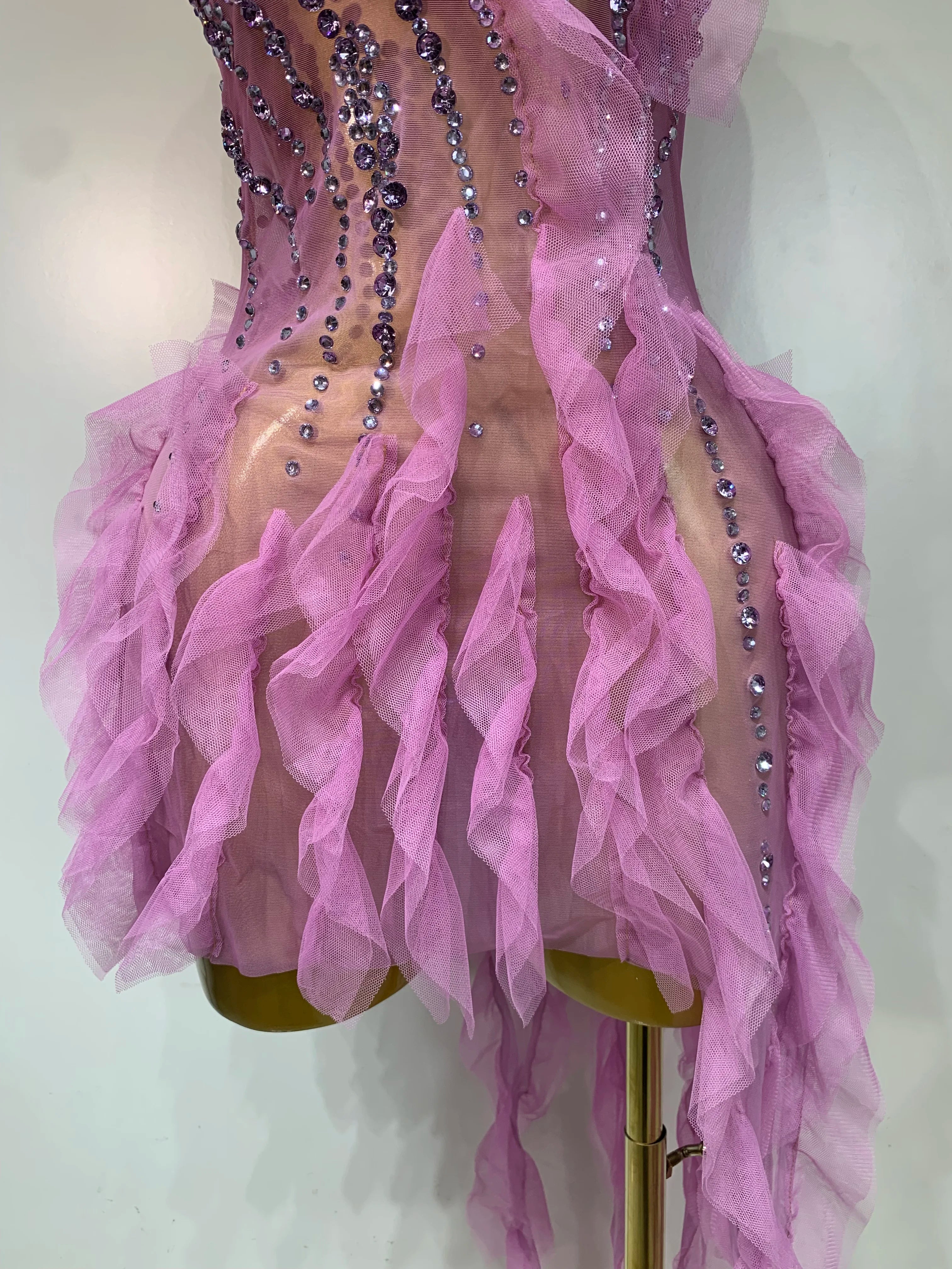 Purple Rhinestone Mini Mesh Dress