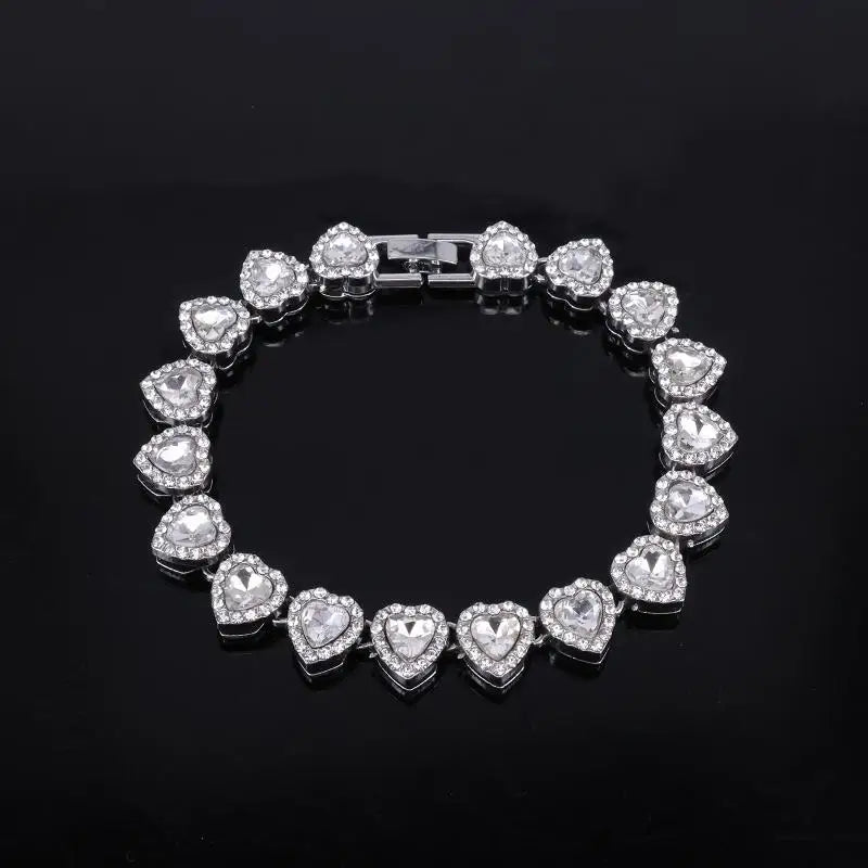 Heart Rhinestone Tennis Chain Necklace & Matching Bracelet