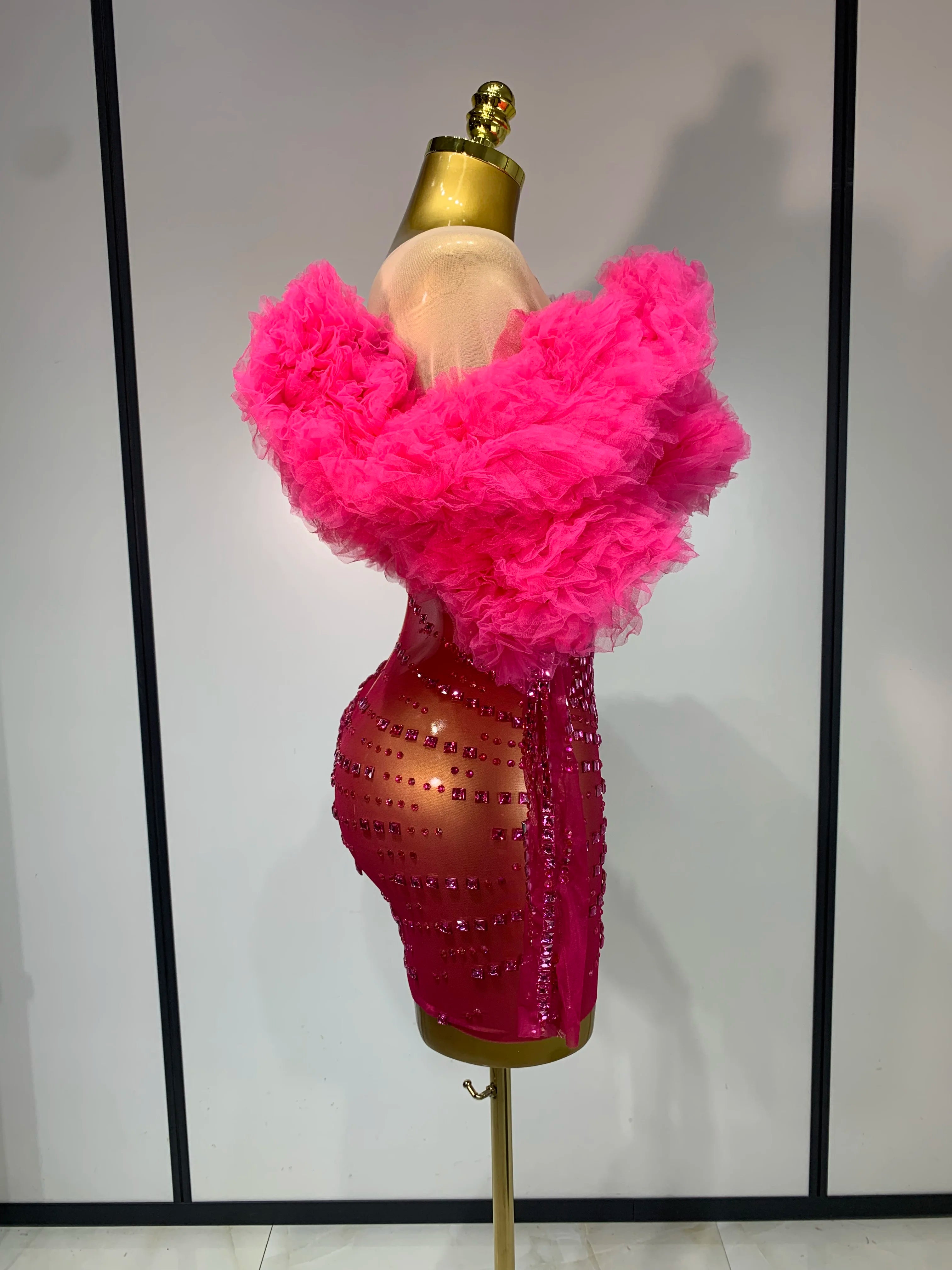Pink Long Sleeve Rhinestone Mesh Mini Dress