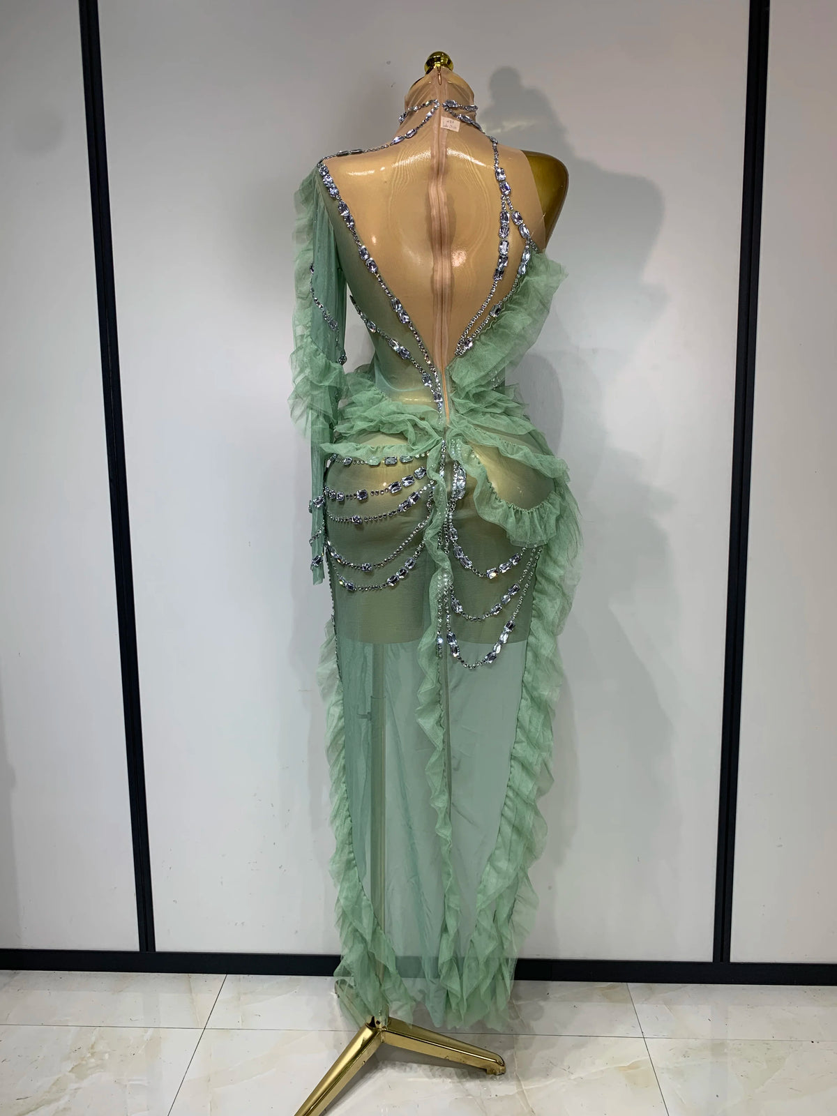 Sparkly Rhinestones Ruffle High Split Dress