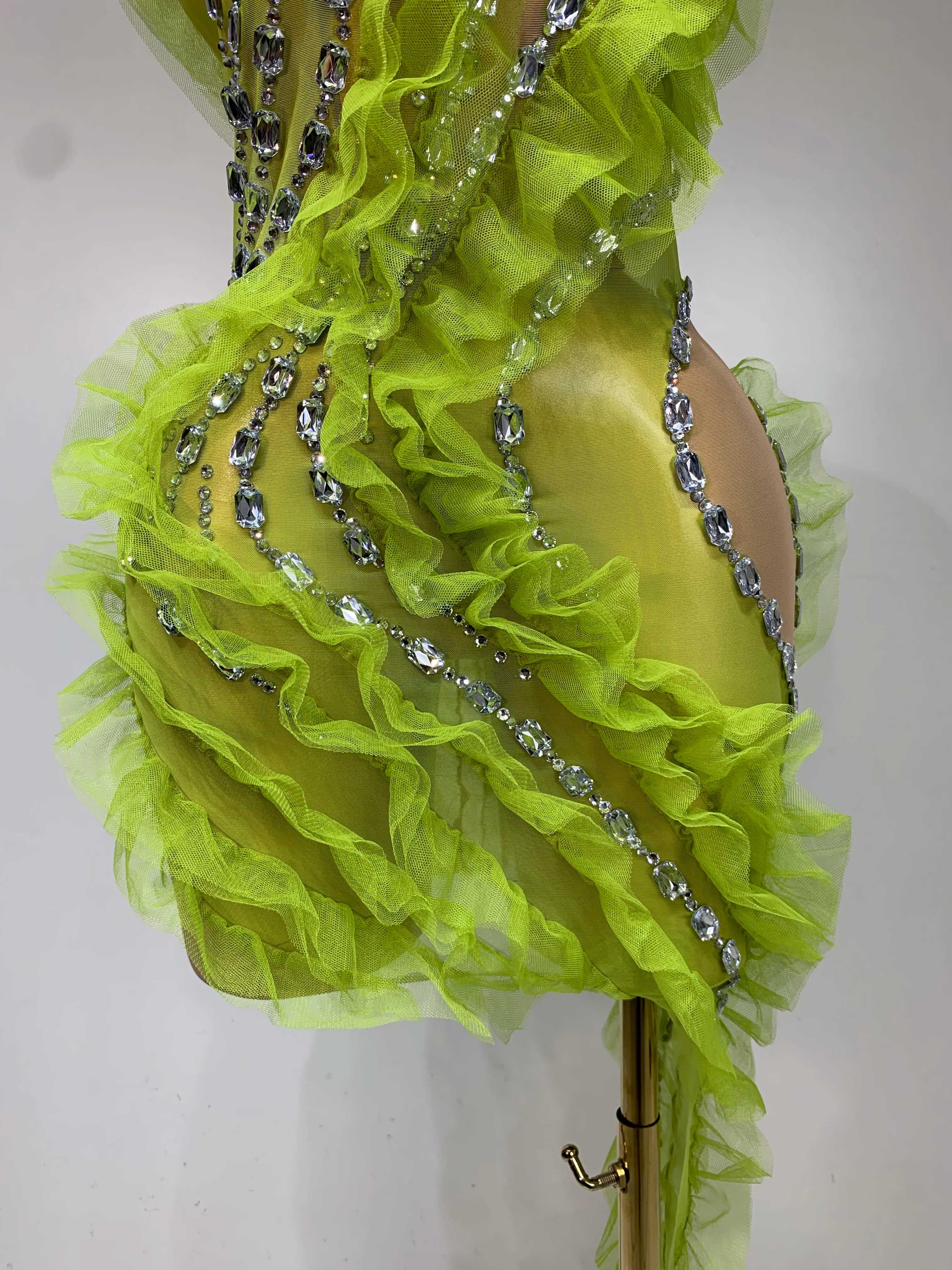 Luxury Sparkly Green Rhinestones Mesh Mini Dress