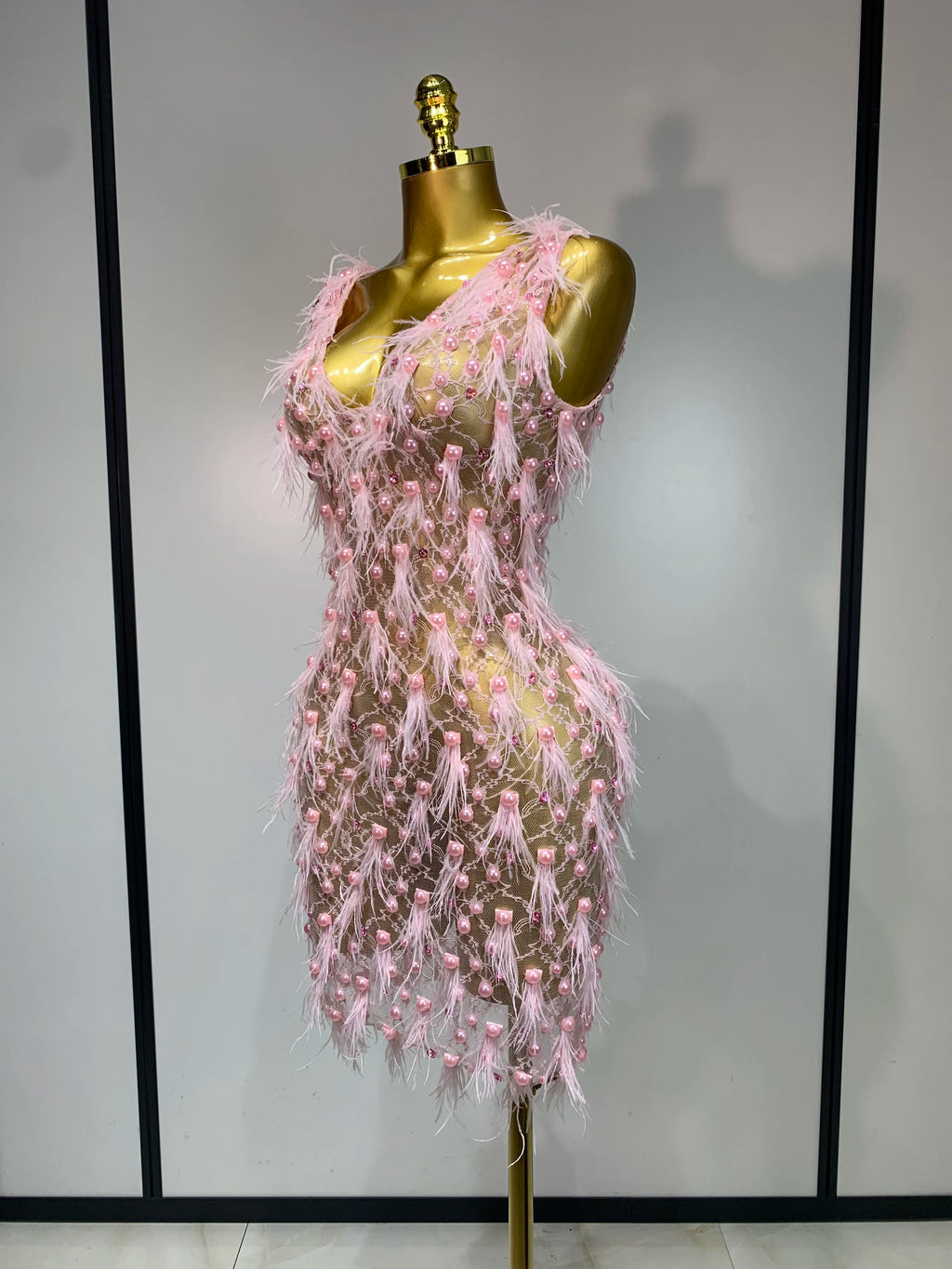 Pink Pearls Feather Lace Mini Dress