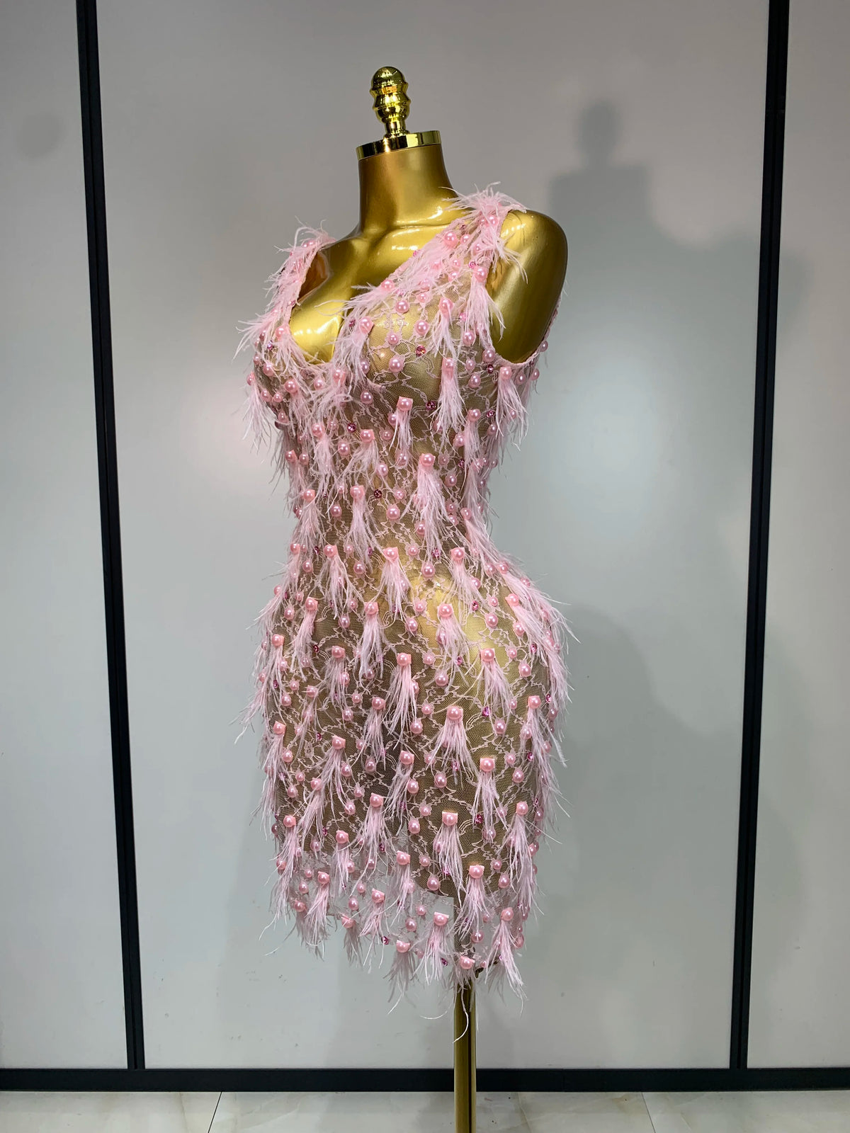 Pink Pearls Feather Lace Mini Dress
