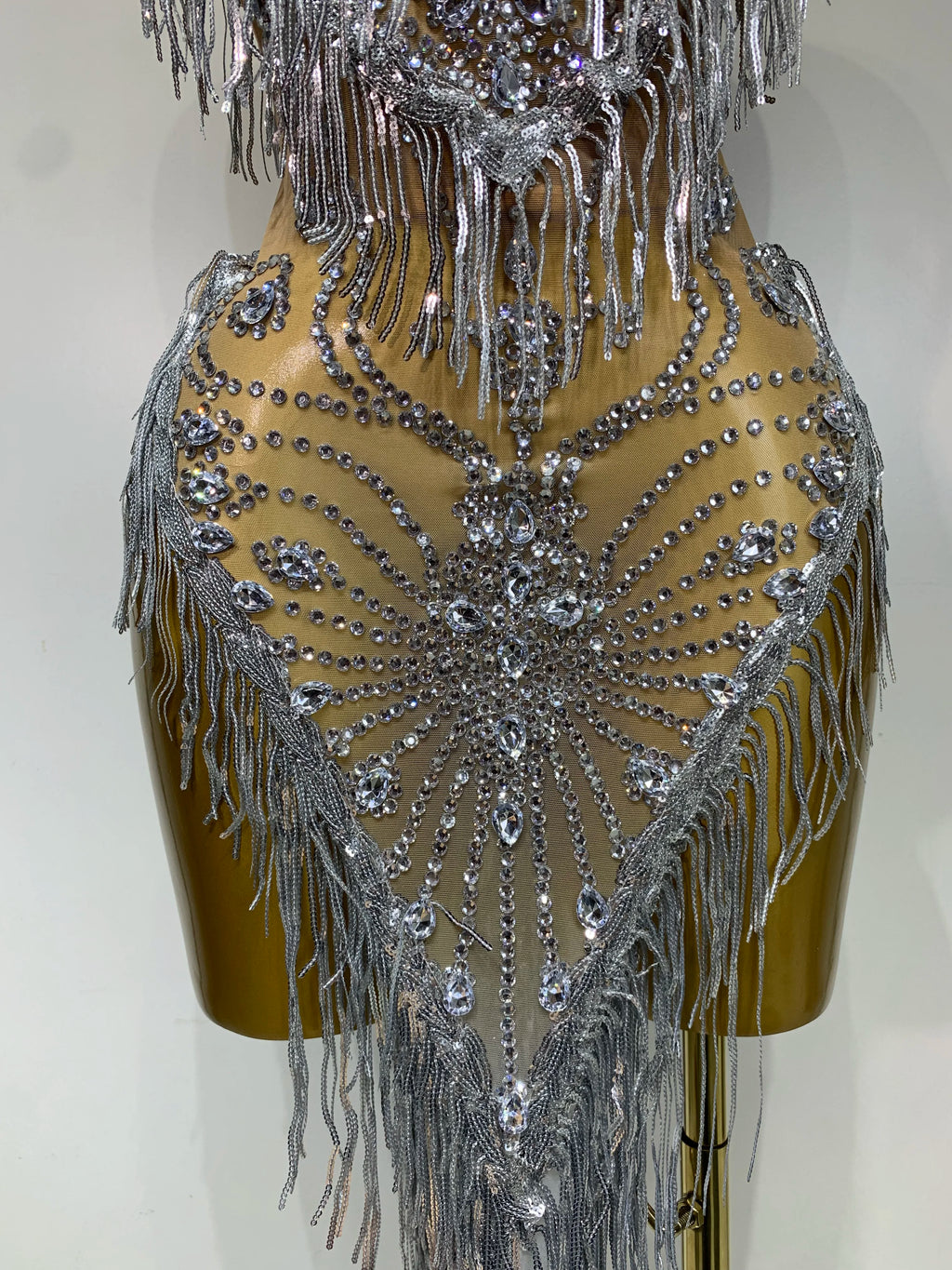 Silver Sparkly Diamond Mesh Mini Dress