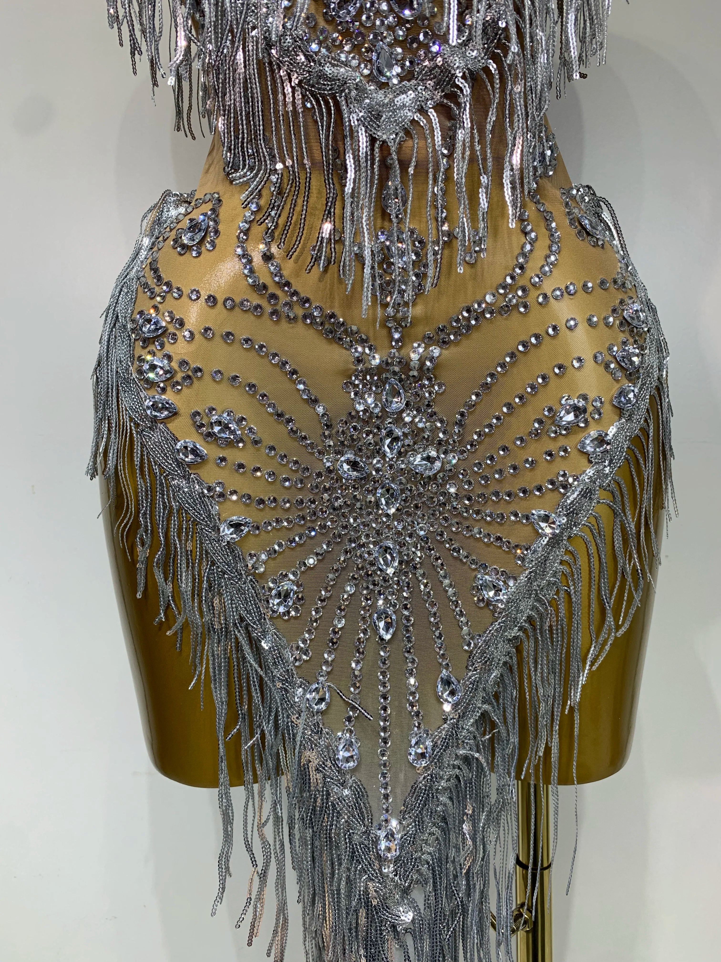 Silver Sparkly Diamond Mesh Mini Dress
