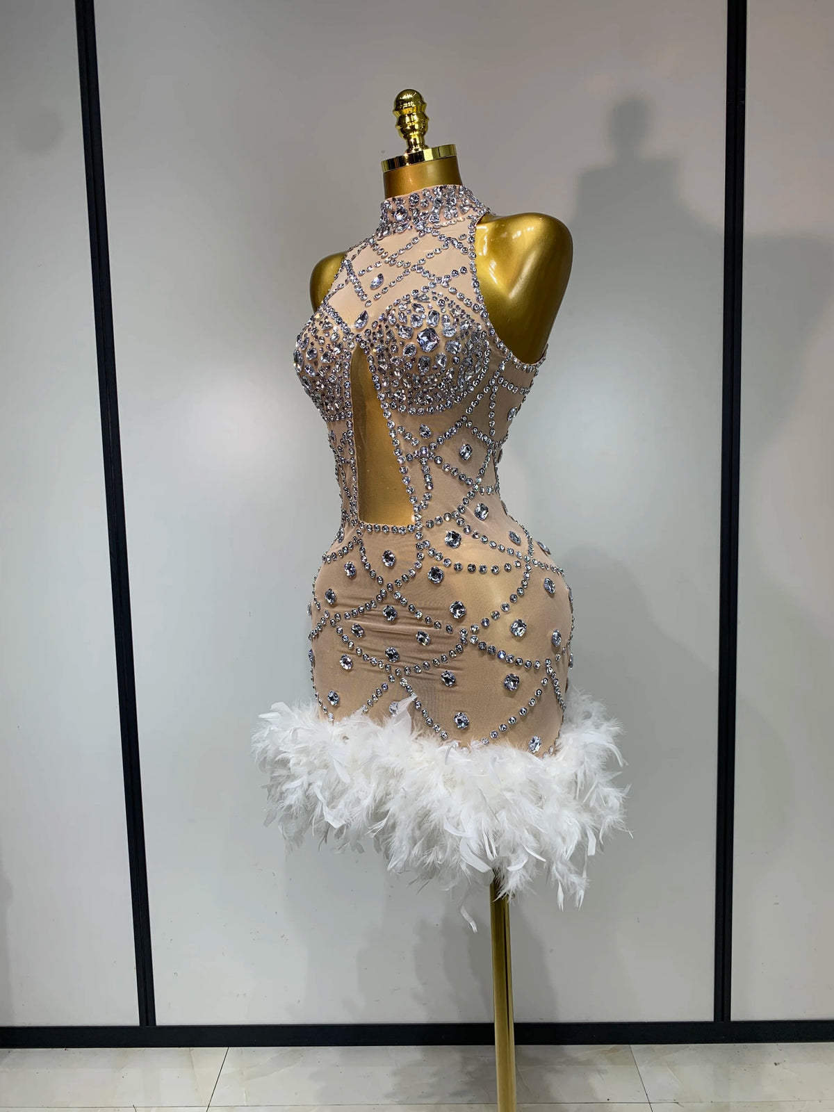 Luxury Diamonds Feather Mesh Mini Dress