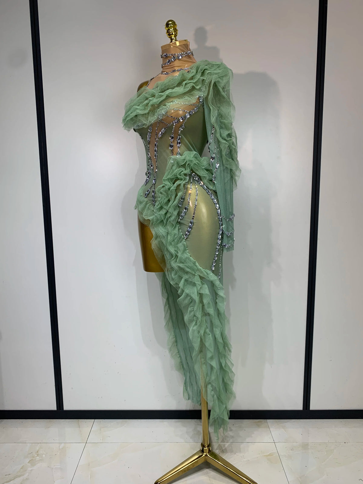 Sparkly Rhinestones Ruffle High Split Dress