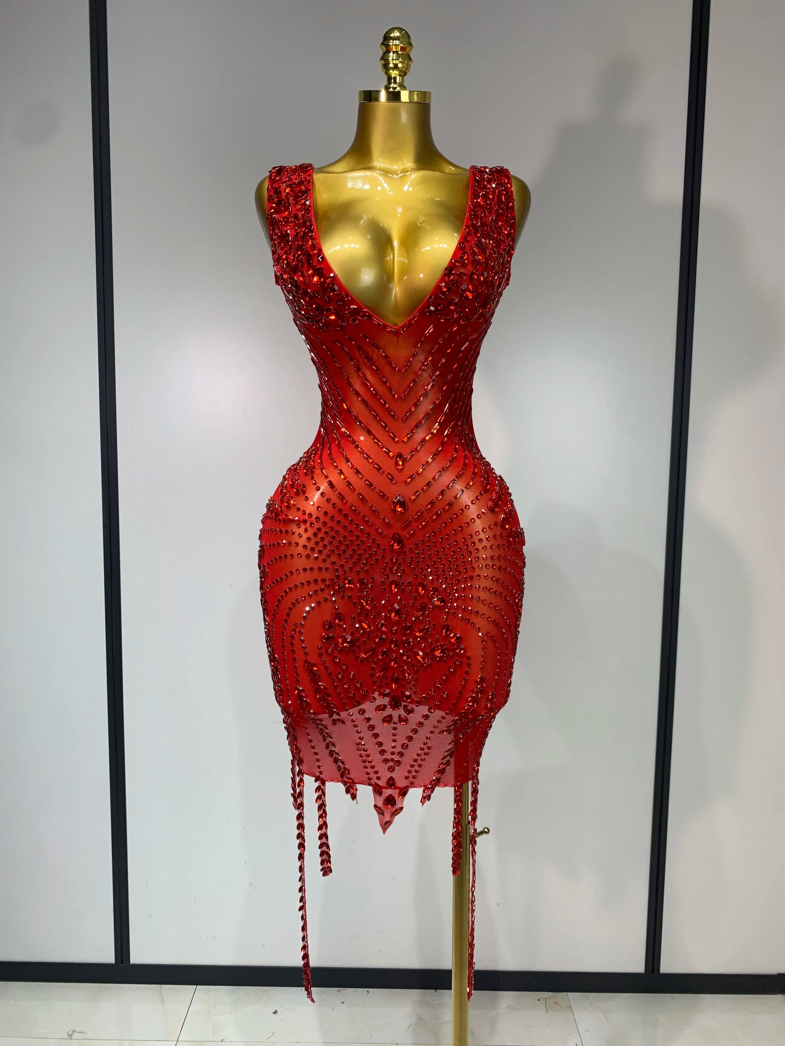 Sparkly Rhinestone Mesh V Neck Dress