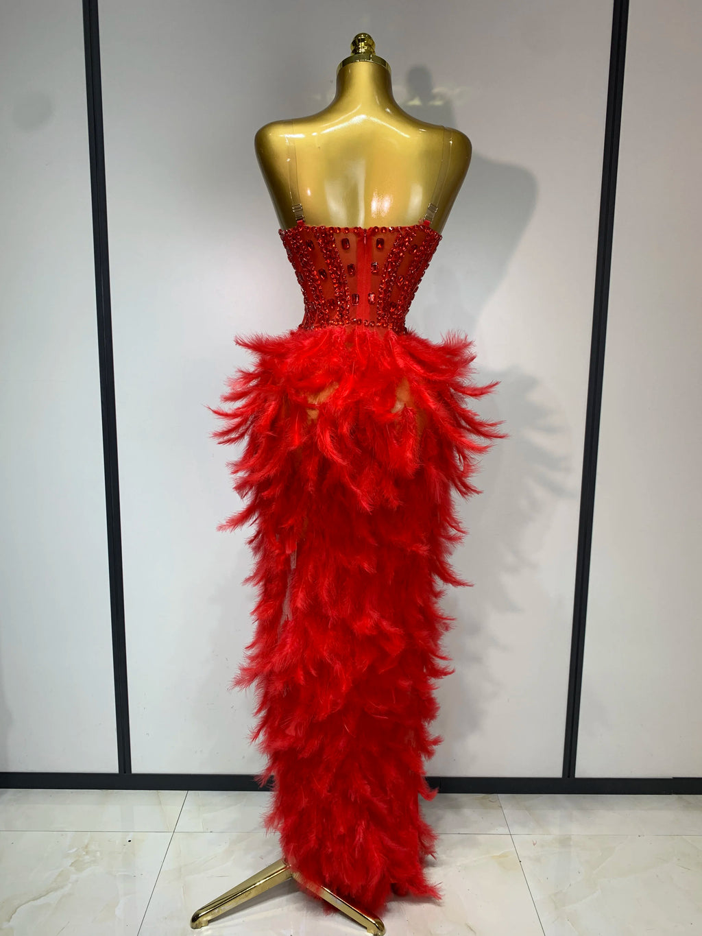 Sparkly Rhinestone Feather Mesh Dress