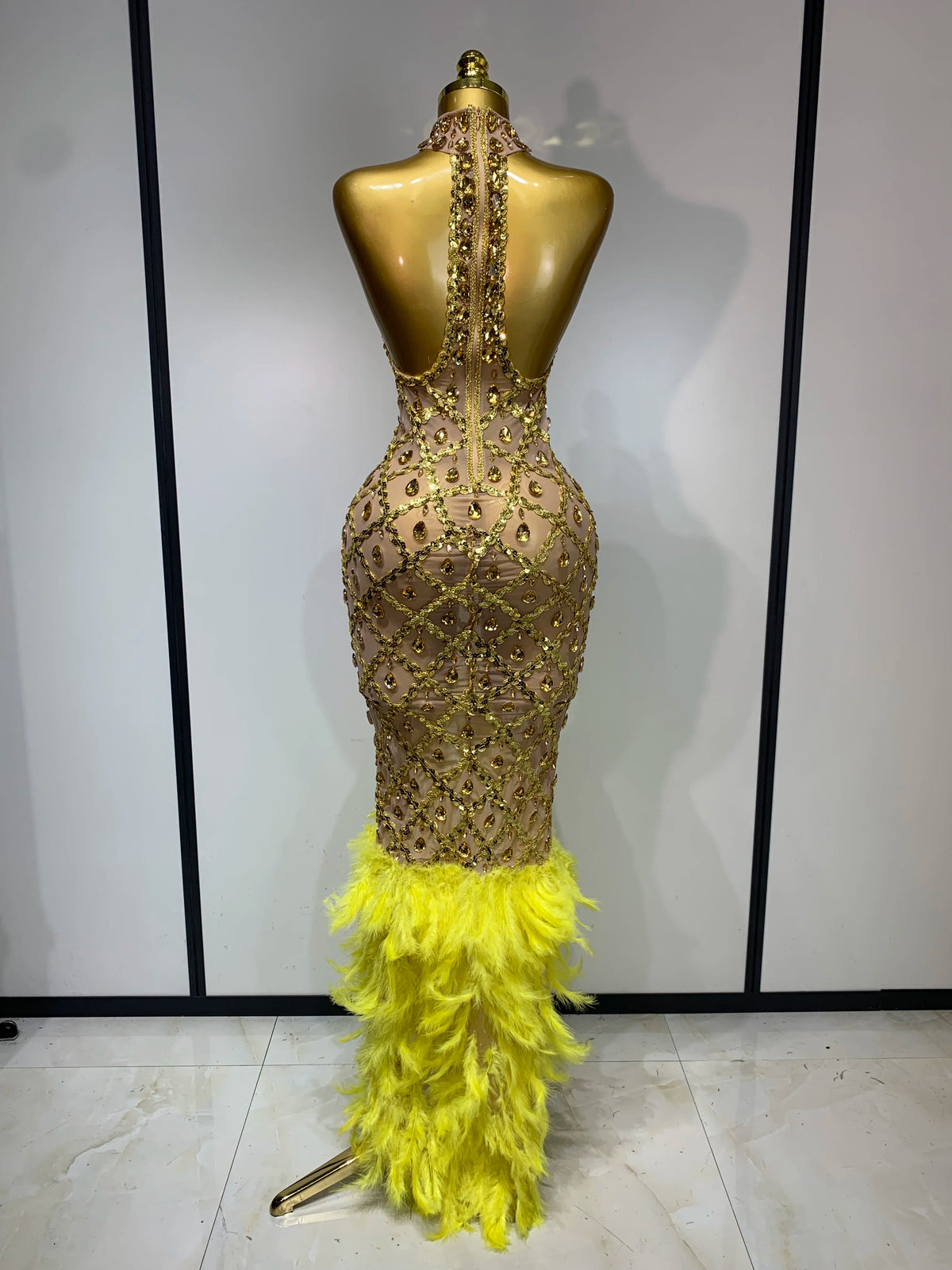Sparkly Rhinestones Feather Sexy Mesh Long Dress