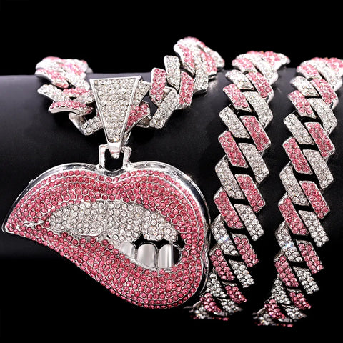 Pink Lip Bite Iced Out Cuban Chain