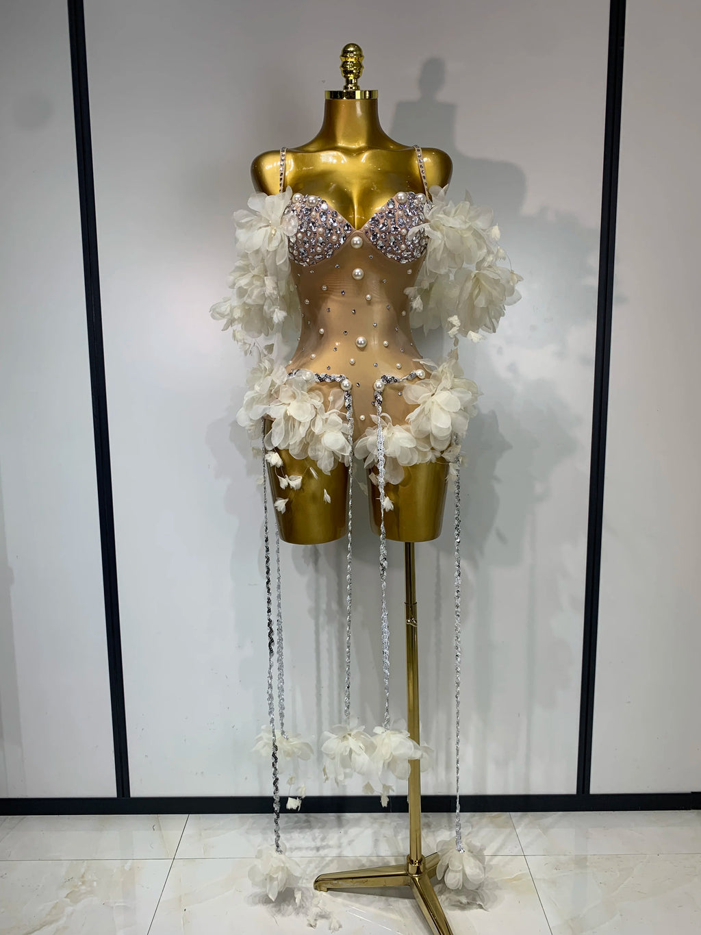 Sparkly Rhinestones Fringe Flower Bodycon Bodysuits
