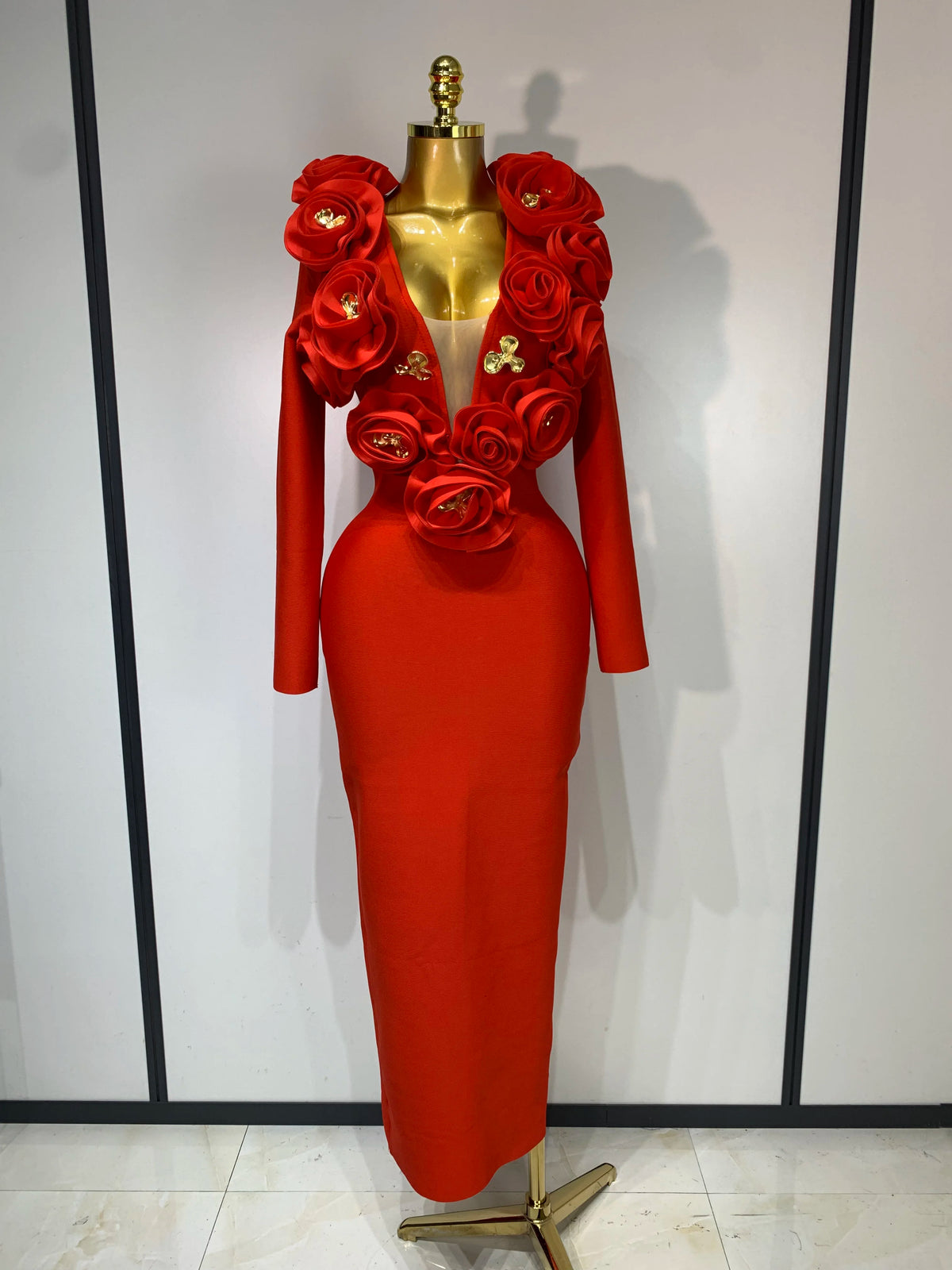 Rose V Neck Mesh 3D Flower Dress
