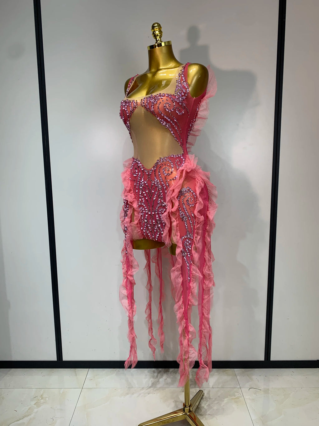 Pink Rhinestone Mesh Dress
