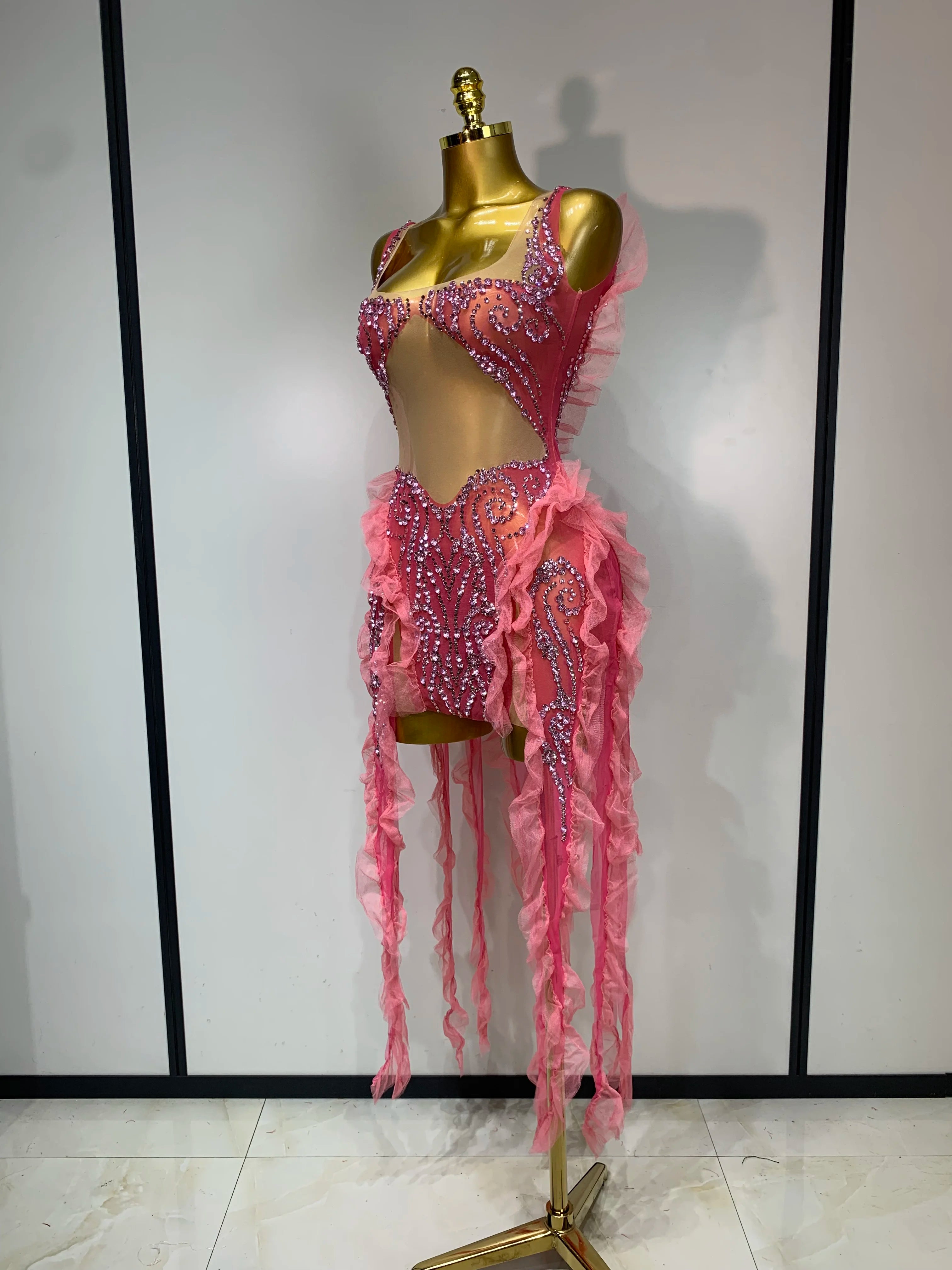 Pink Rhinestone Mesh Dress