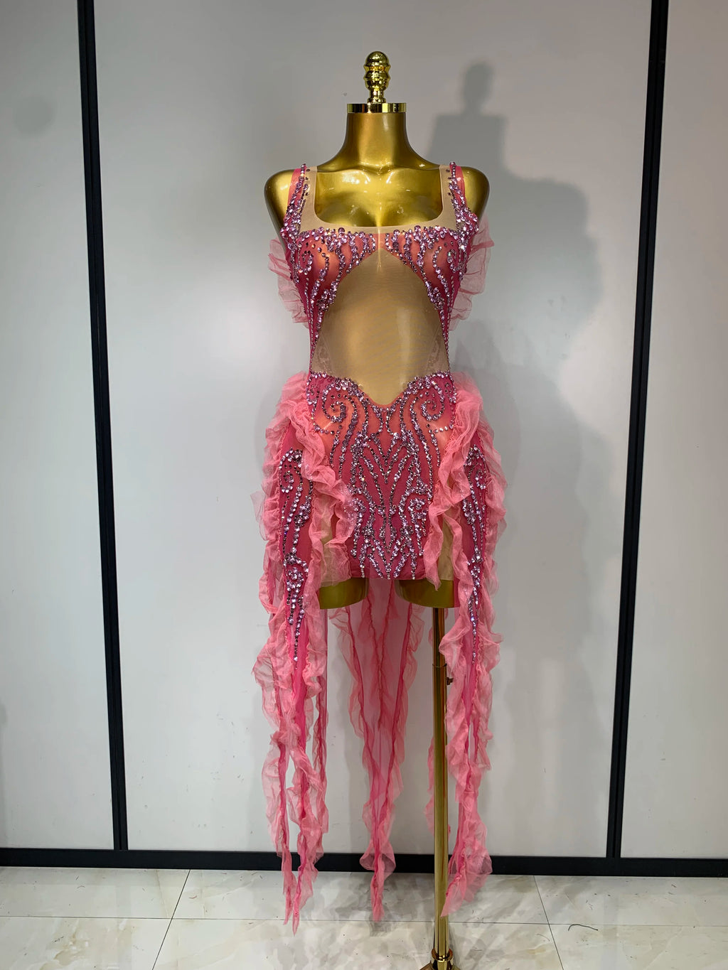 Pink Rhinestone Mesh Dress