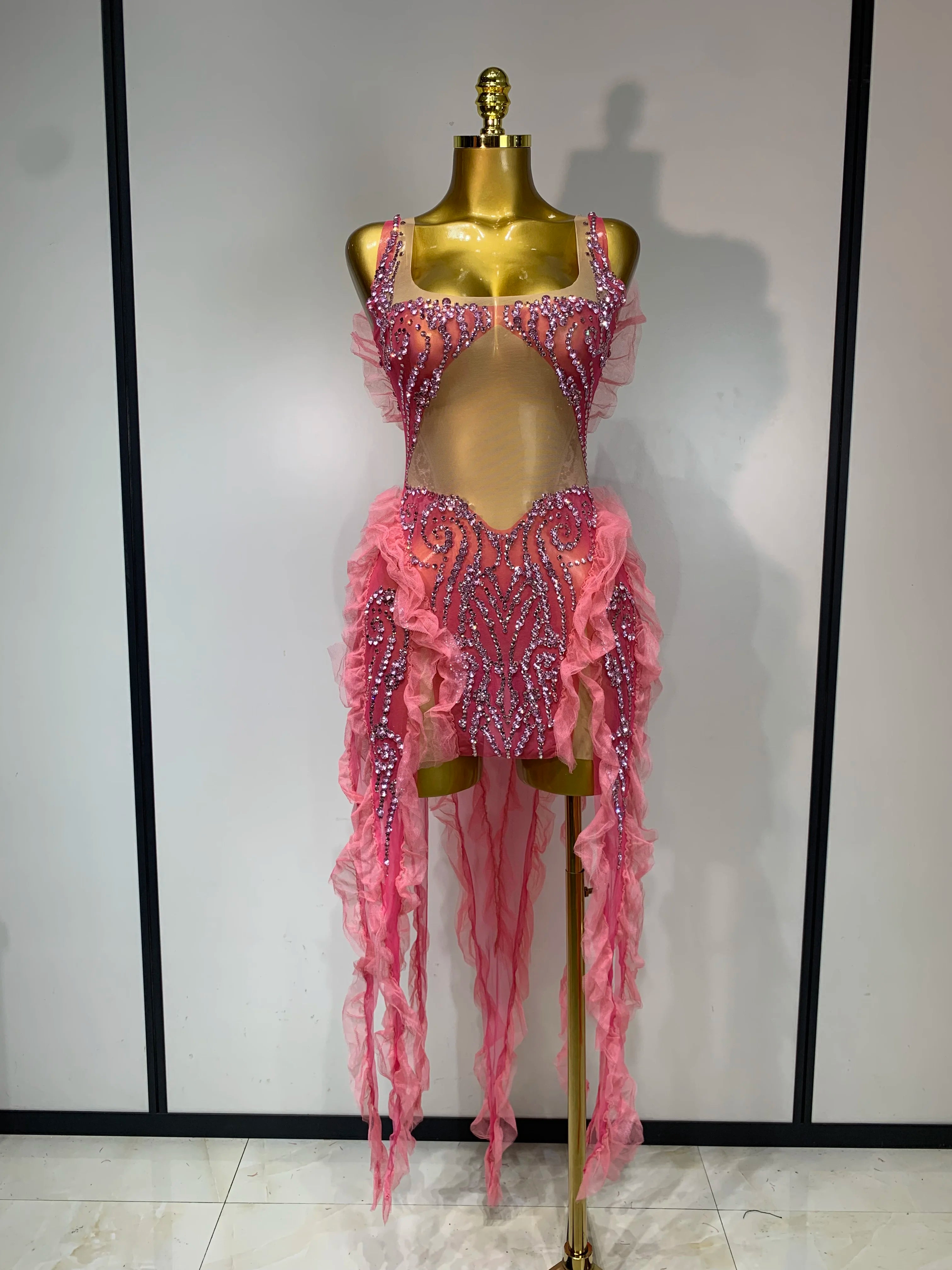 Pink Rhinestone Mesh Dress
