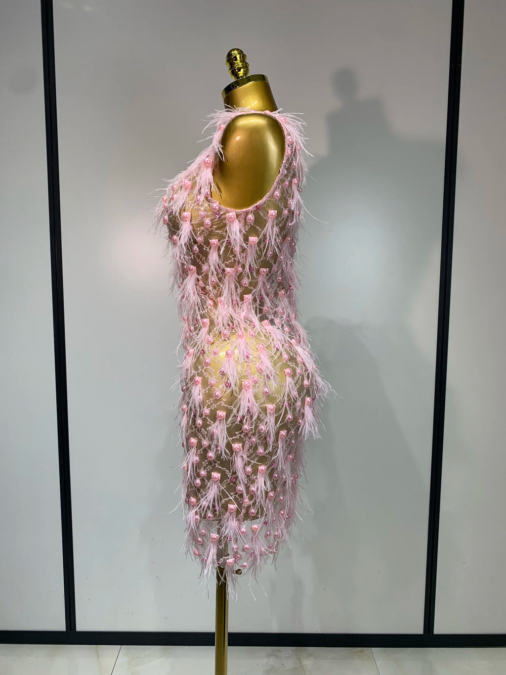 Pink Pearls Feather Lace Mini Dress