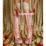 Pink Velvet Lace Up Boots