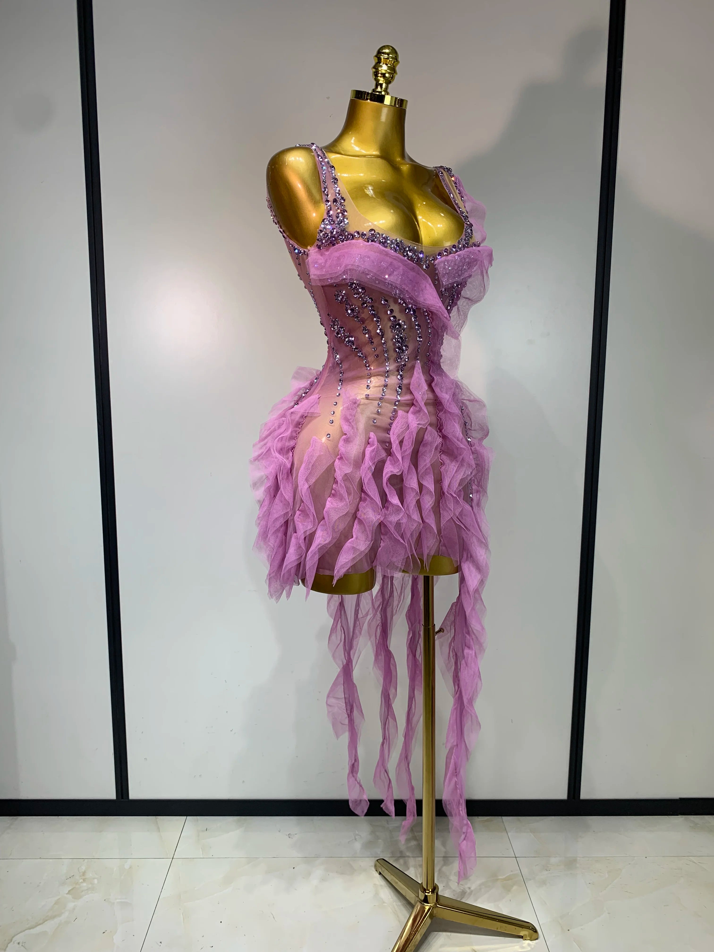 Purple Rhinestone Mini Mesh Dress