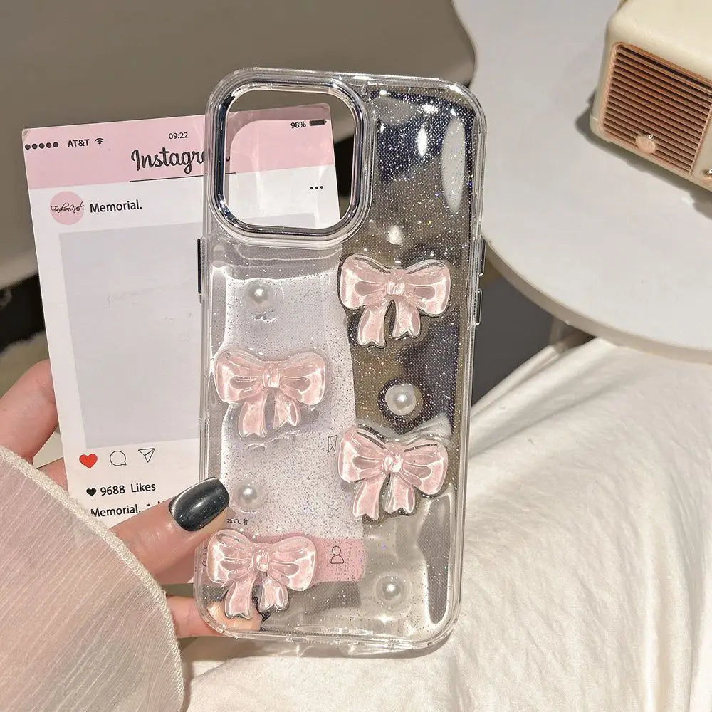 Cute 3D Pink Bow Pearl Clear Phone Case