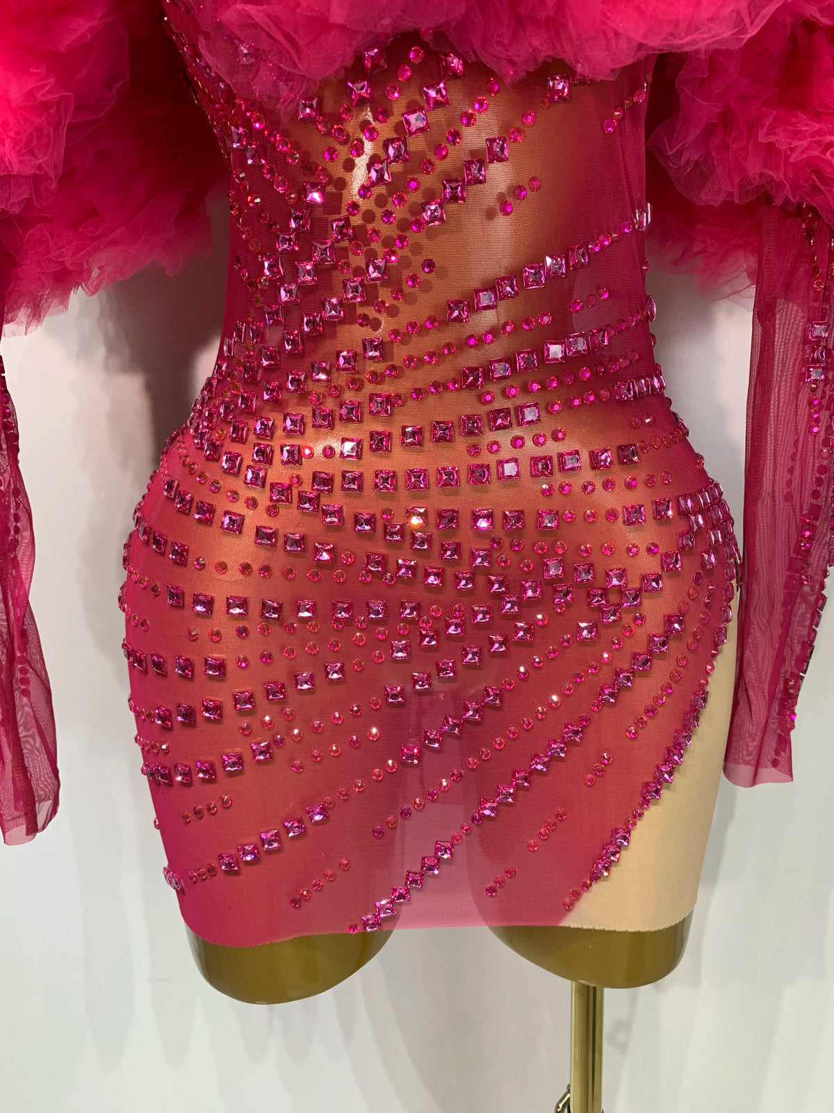 Pink Long Sleeve Rhinestone Mesh Mini Dress