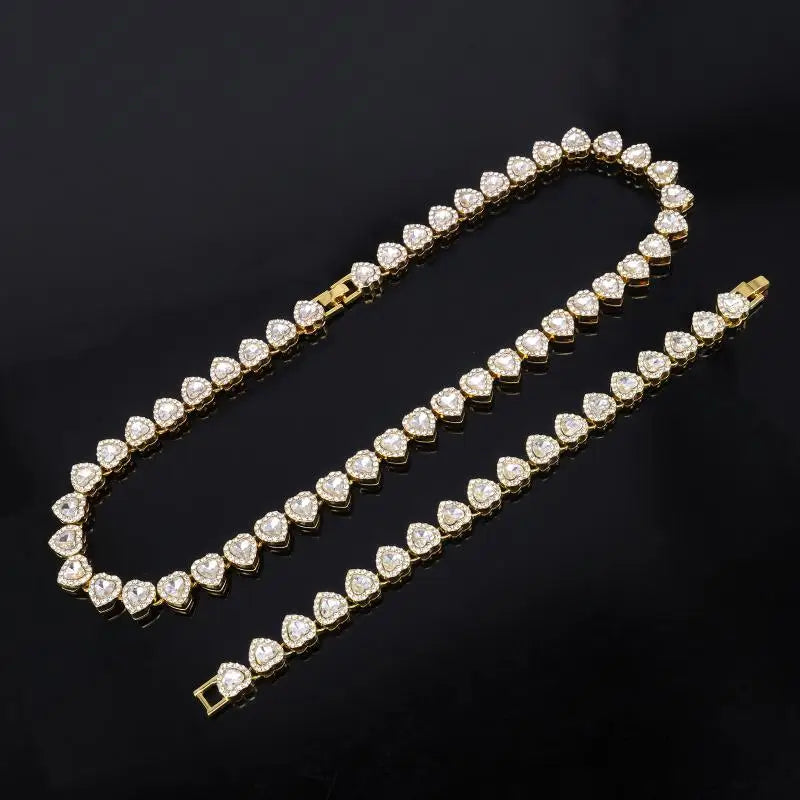 Heart Rhinestone Tennis Chain Necklace & Matching Bracelet
