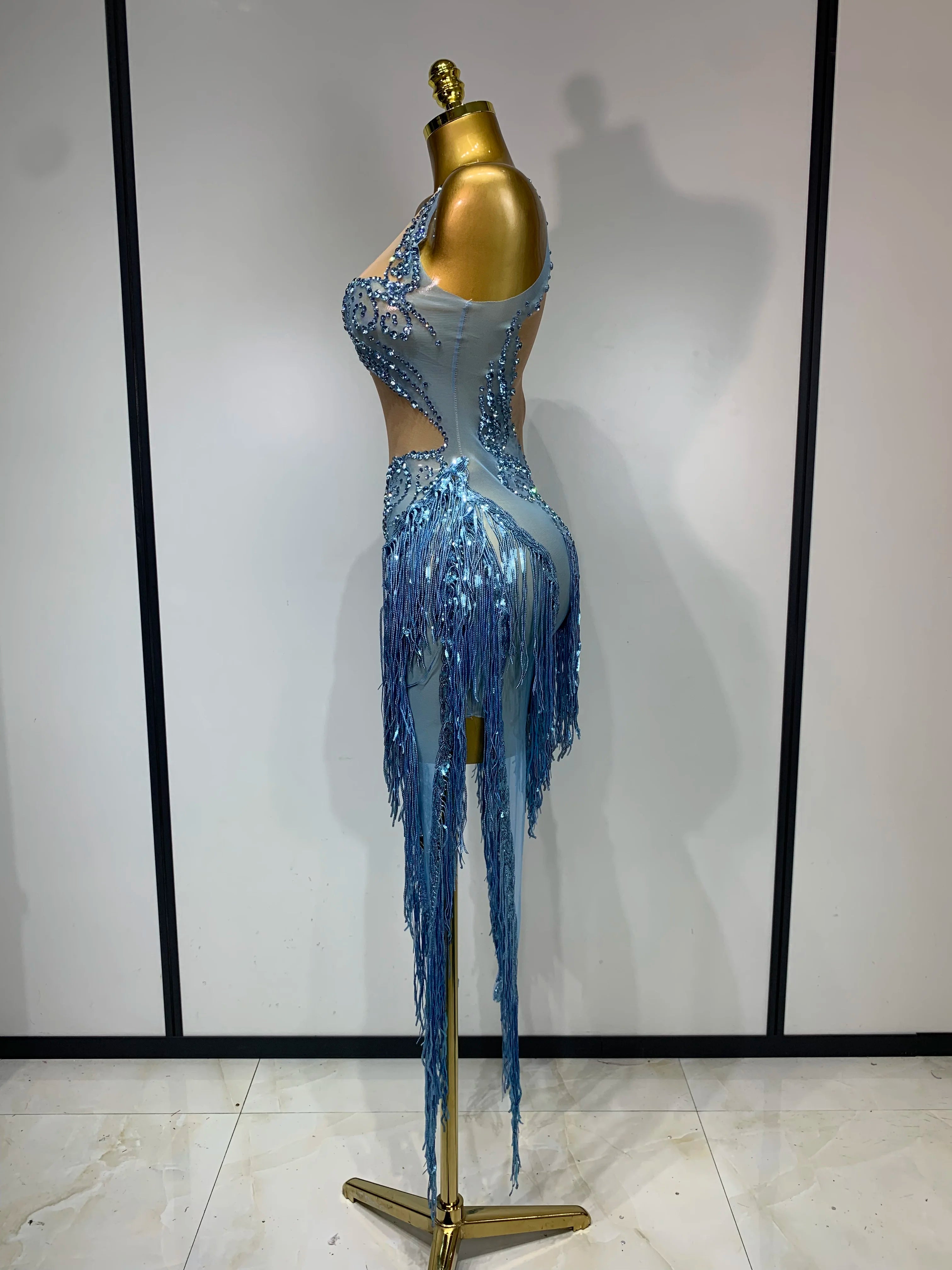 Sparkly Blue Rhinestone Mesh Dress