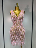 Pink Pearls Feather Lace Mini Dress