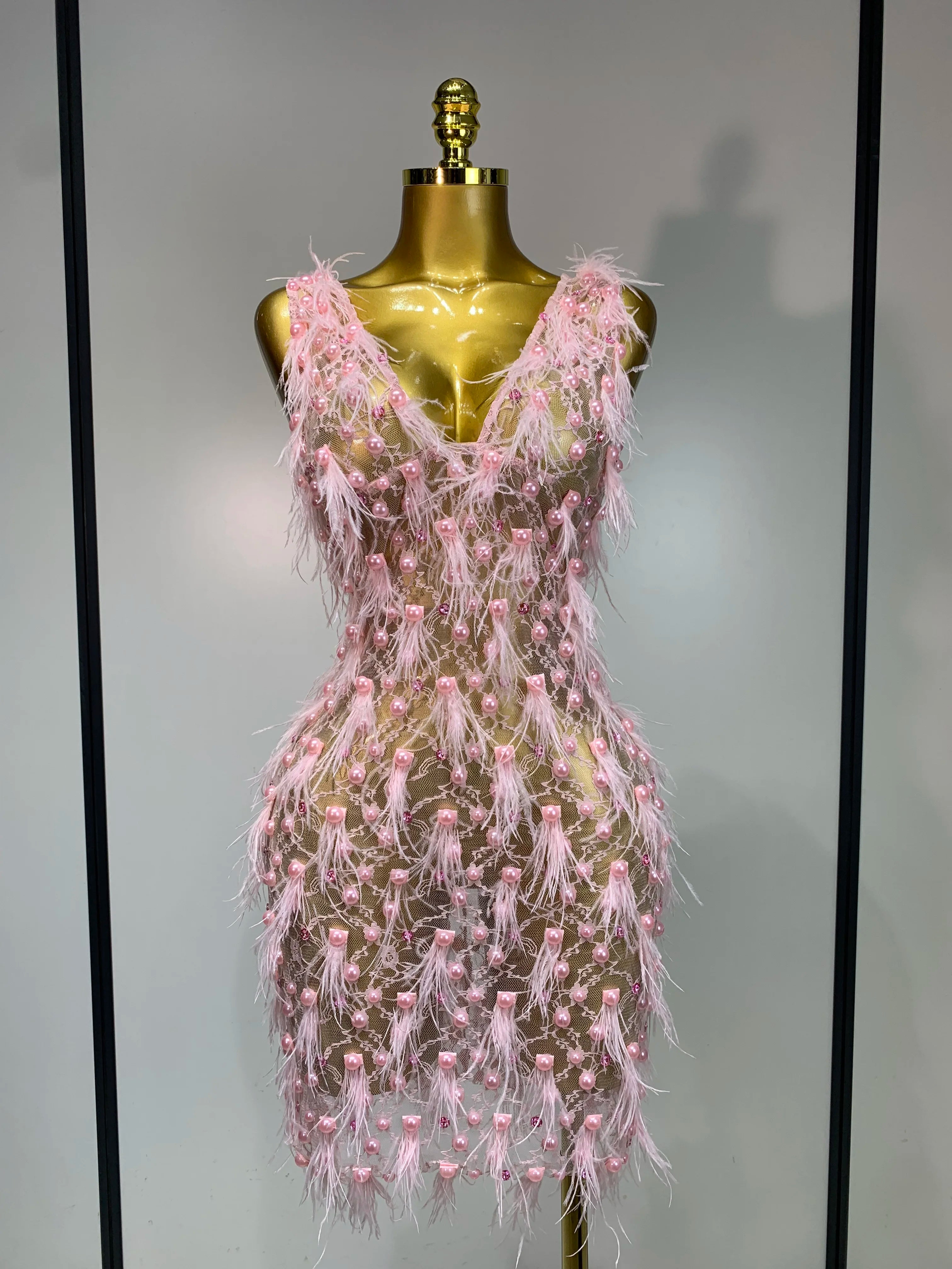 Pink Pearls Feather Lace Mini Dress