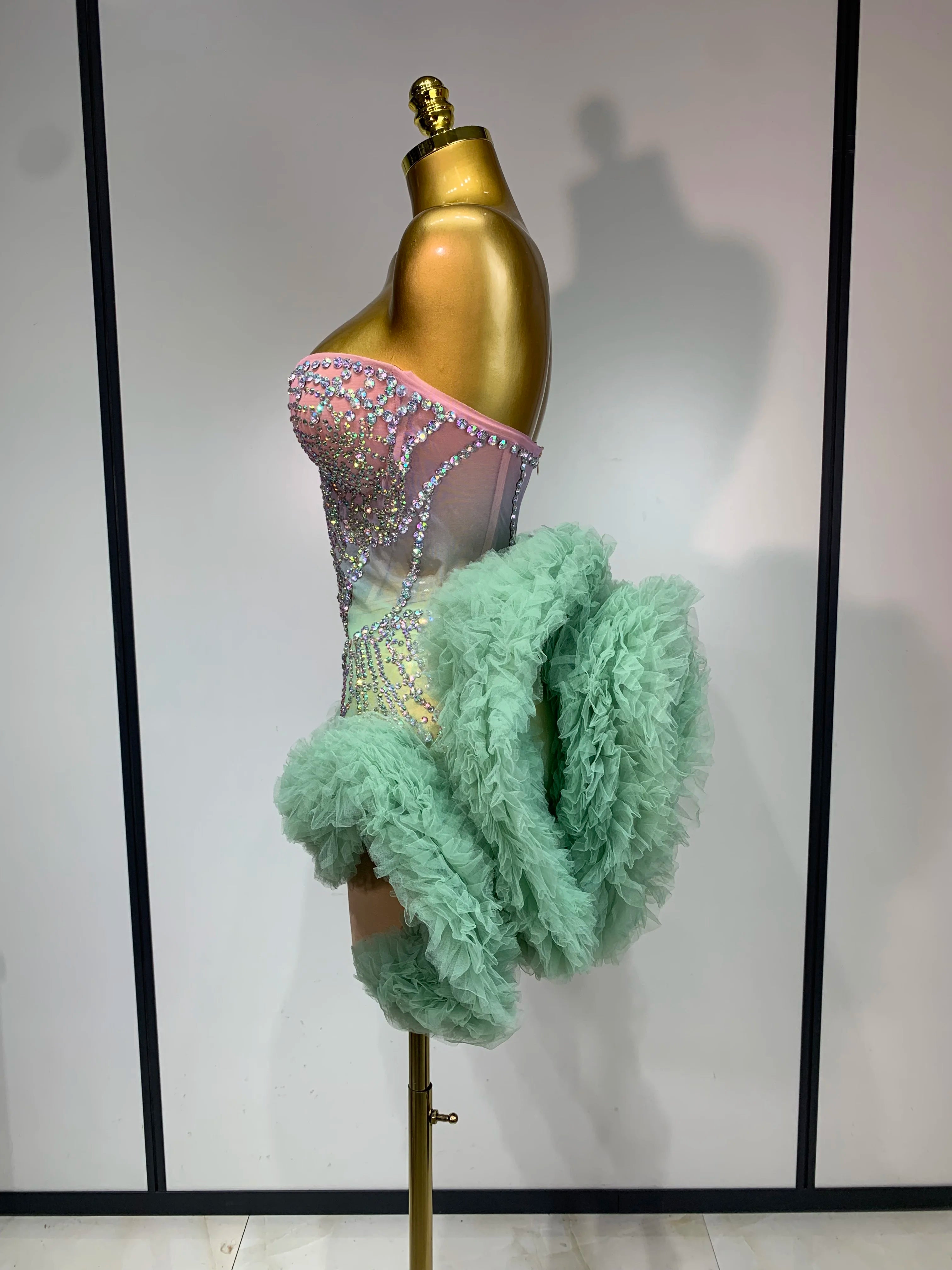Green Pink Ombre Diamonds Mesh Dress