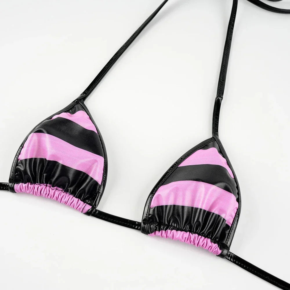 Stripe Leather Bikini Set