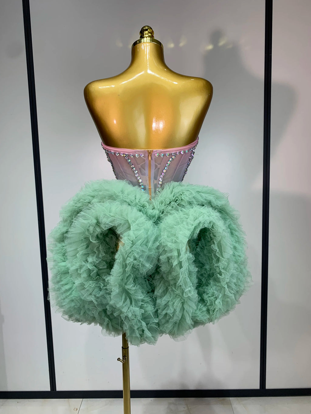 Green Pink Ombre Diamonds Mesh Dress