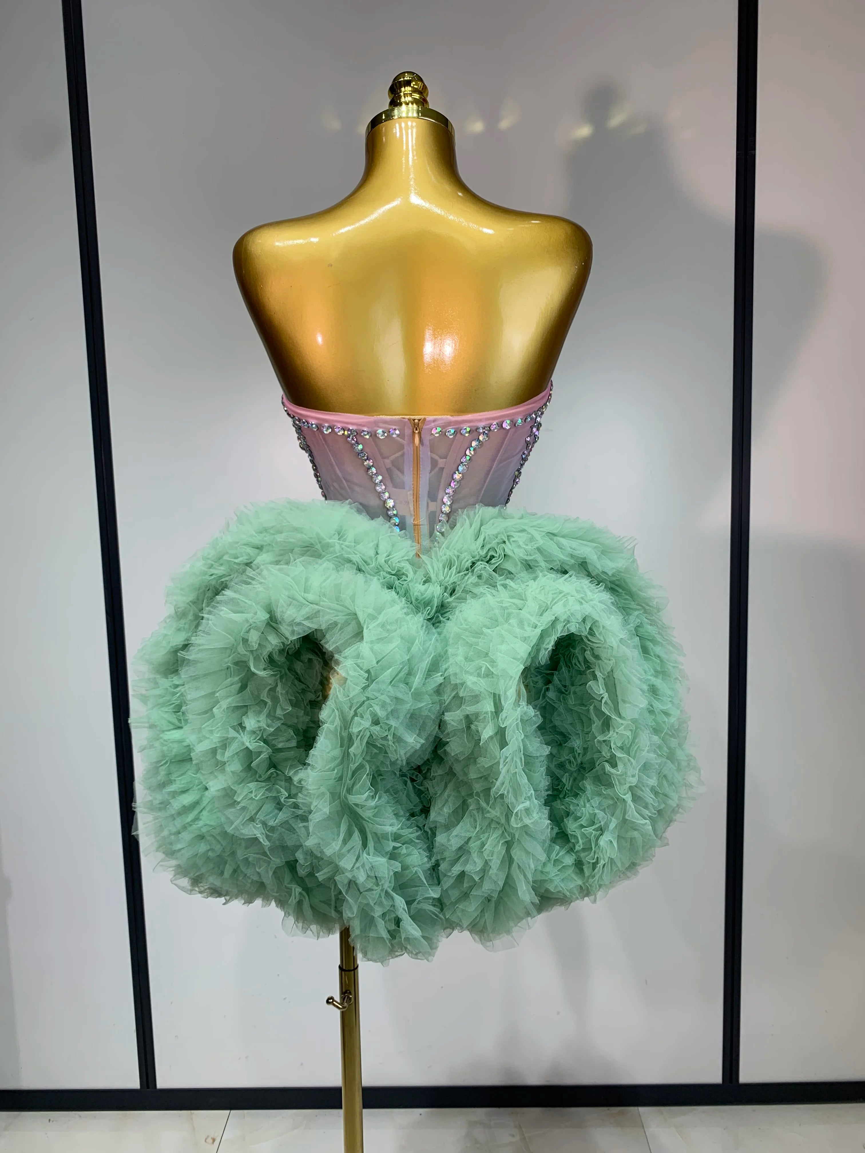 Green Pink Ombre Diamonds Mesh Dress