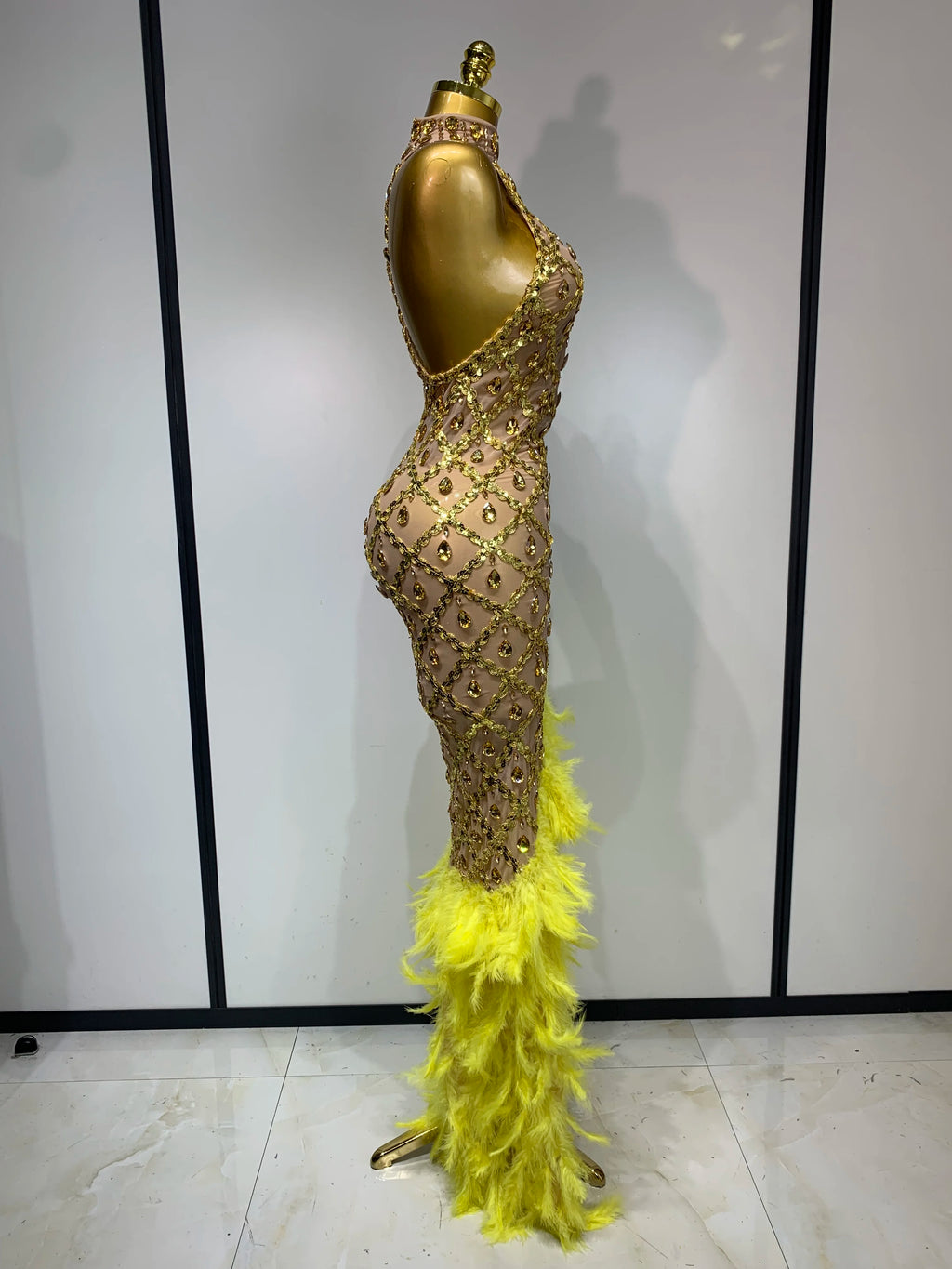 Sparkly Rhinestones Feather Sexy Mesh Long Dress