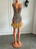 Gold Diamond Crystal Sparkly Feather Dress