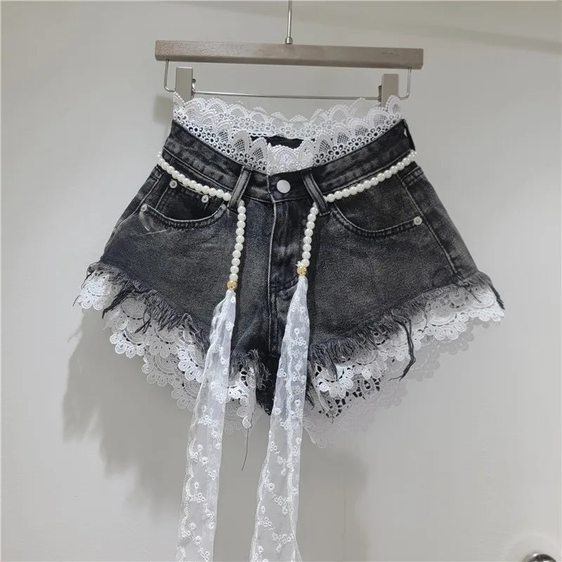 Lace Trim Denim Shorts + Pearl Belt