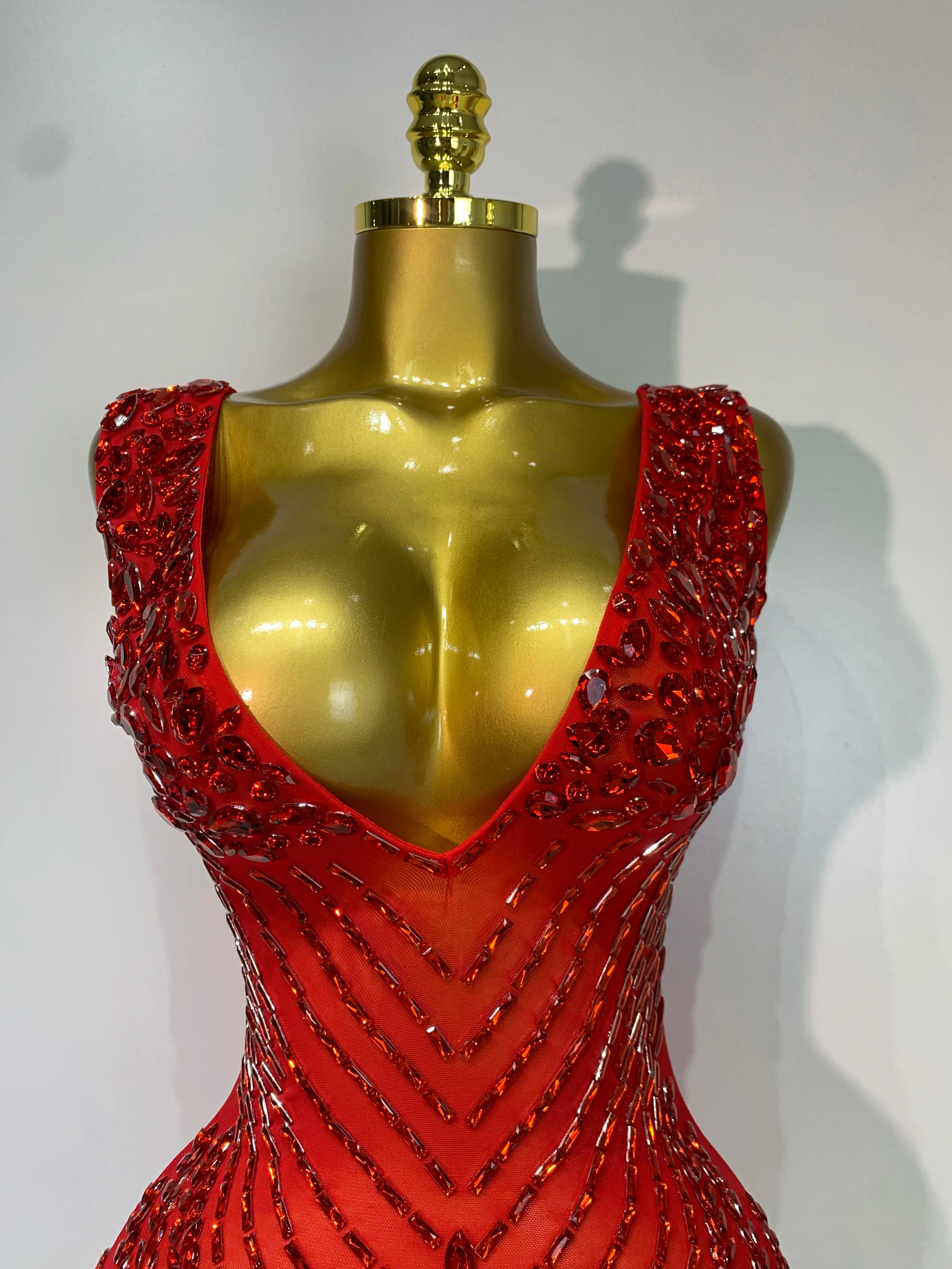 Sparkly Rhinestone Mesh V Neck Dress