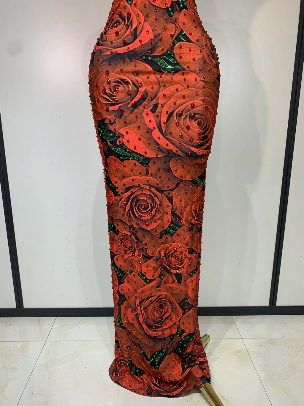 Rose Print Halter Bodycon Sparkly Rhinestone V Neck Dress