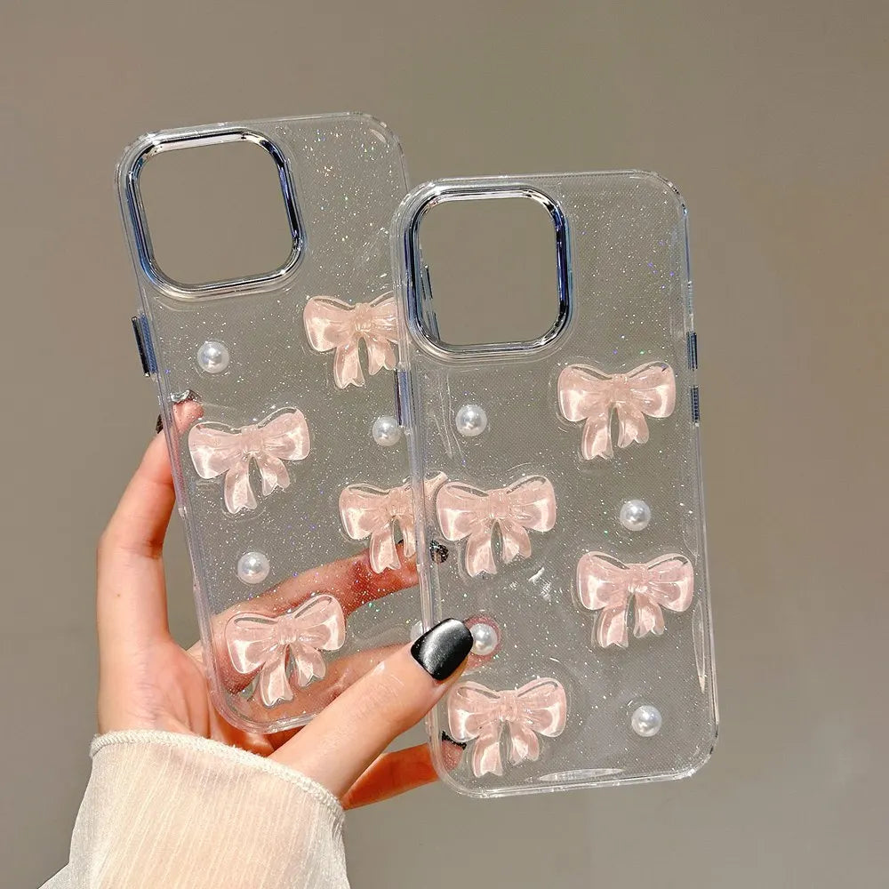 Cute 3D Pink Bow Pearl Clear Phone Case
