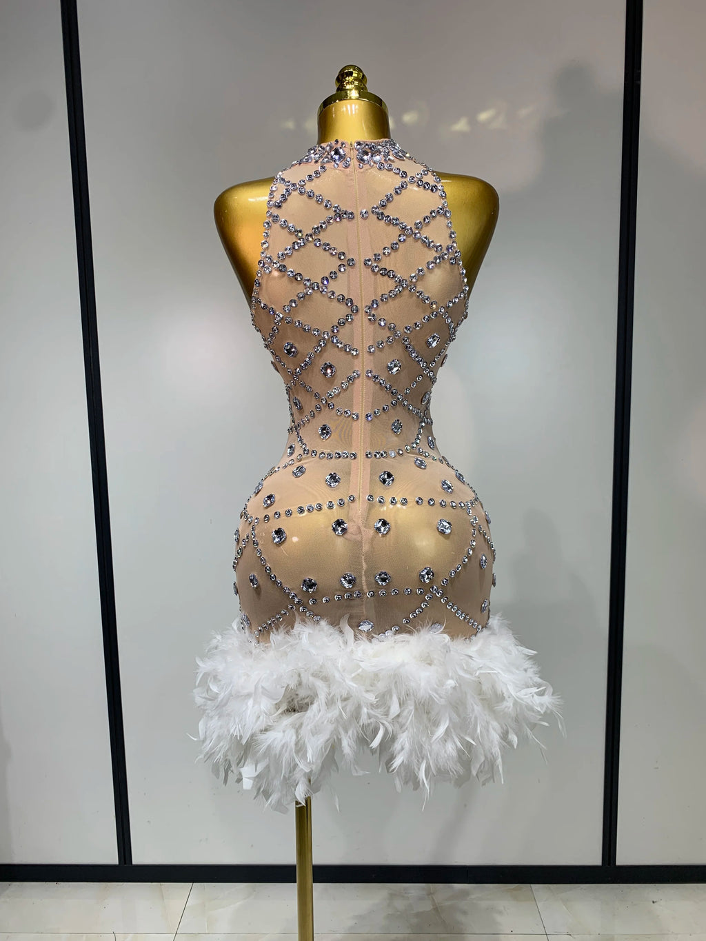 Luxury Diamonds Feather Mesh Mini Dress